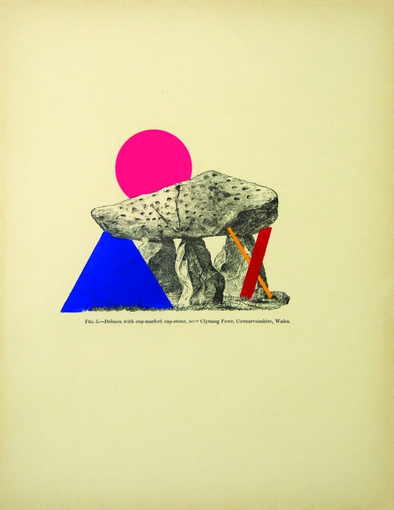 Ritual Litter: a dolmen print with a pink circle and blue geometric additions.