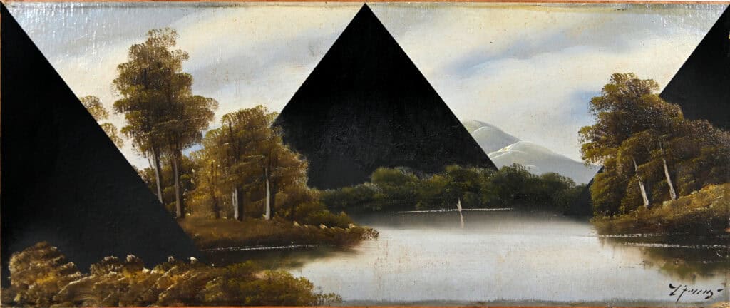 Against Nature: black geometry painted into a lake landscape