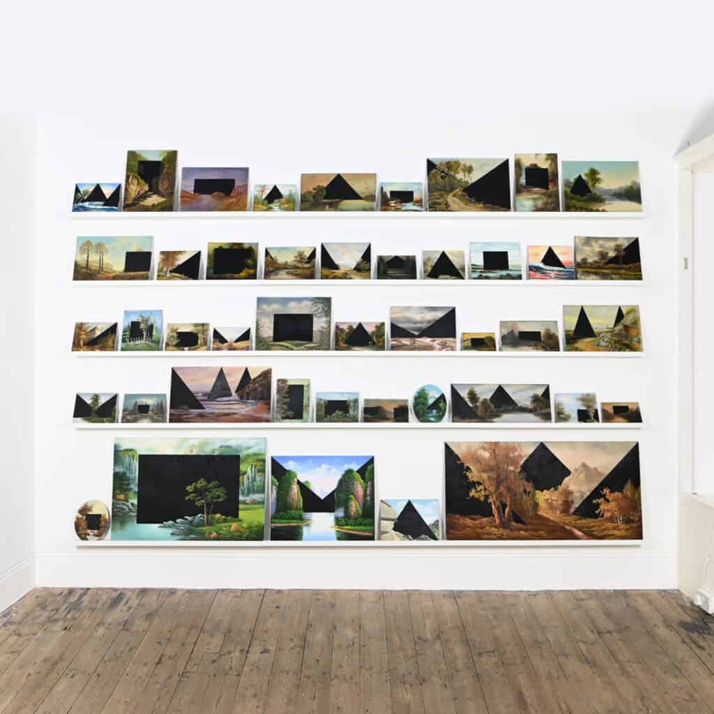 Installation of Against Nature paintings on gallery shelves
