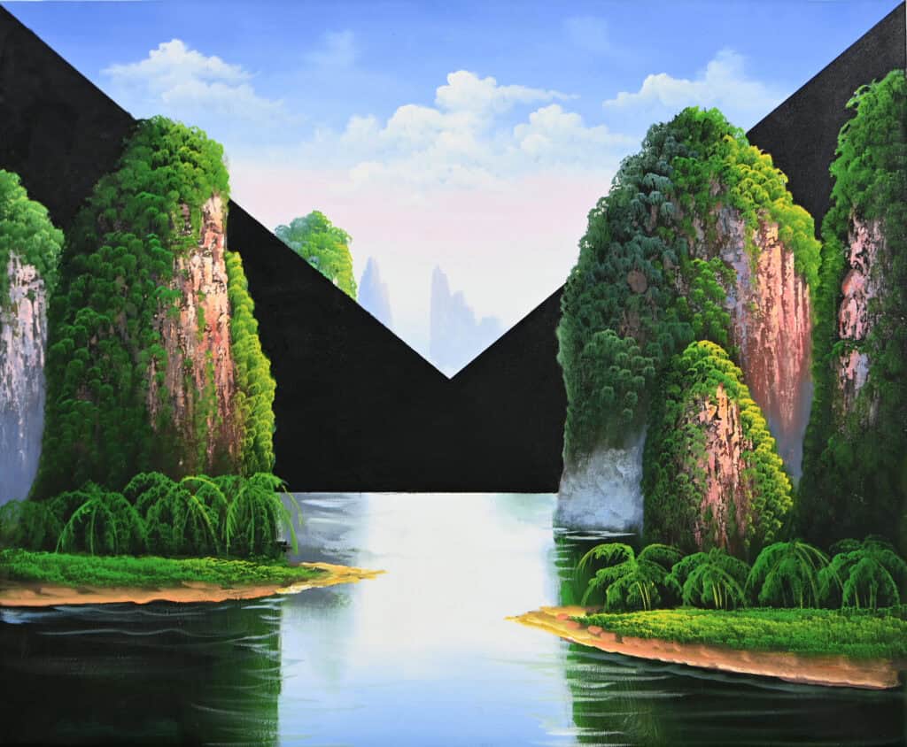 Black geometric intervention in a river valley painting