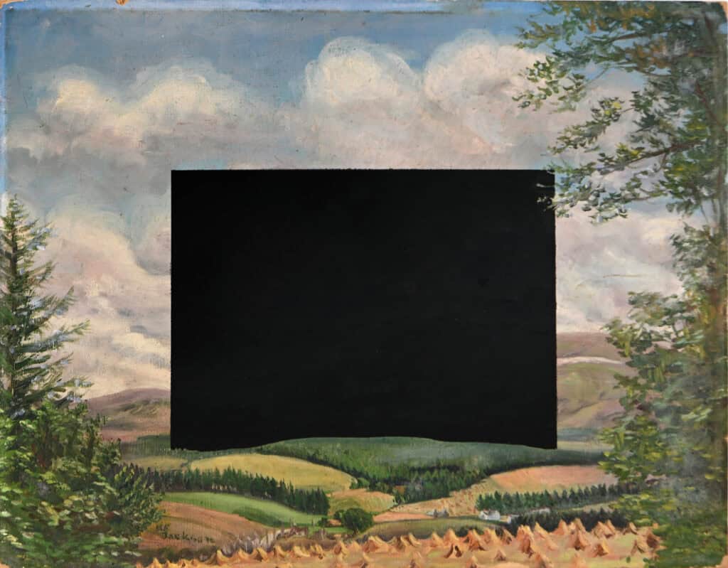 A black rectangle interrupts a painted landscape of hills