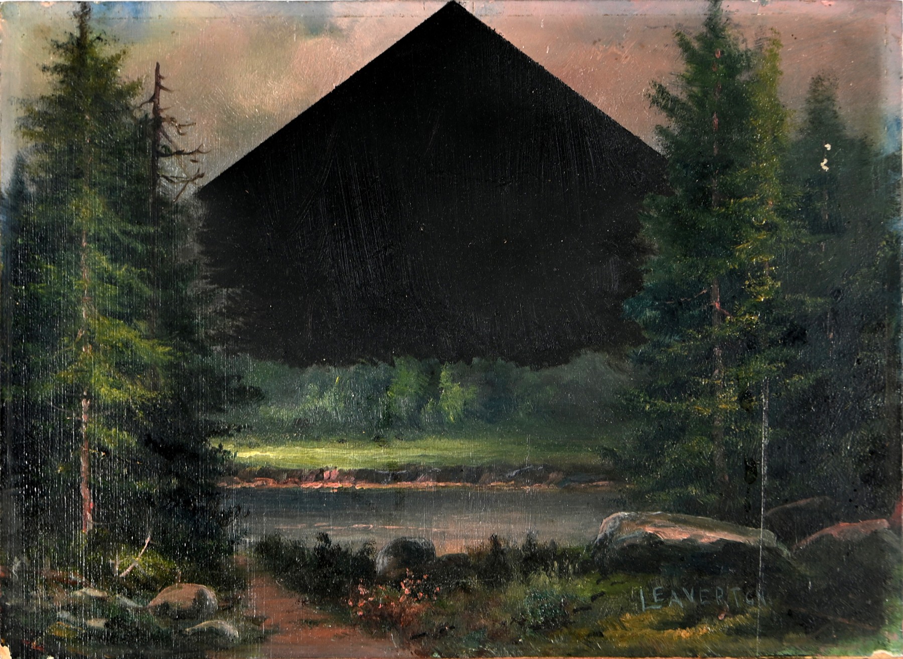 Against Nature (Forest Lake), a found landscape painting interrupted by a black geometric form.