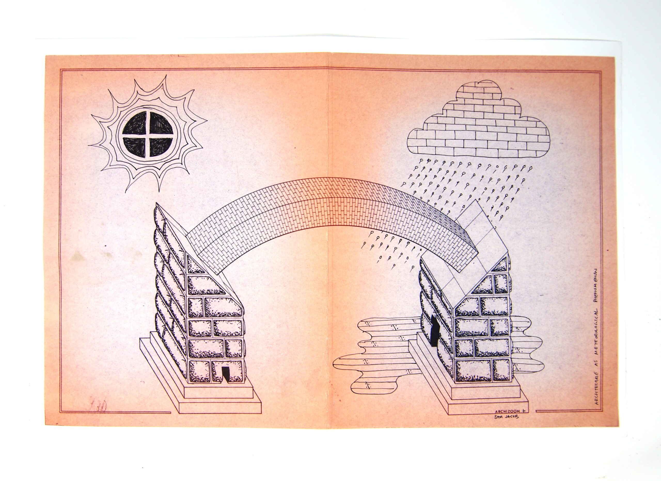 Archizoom and SJS drawing of a rainbow bridge and surrounding forms