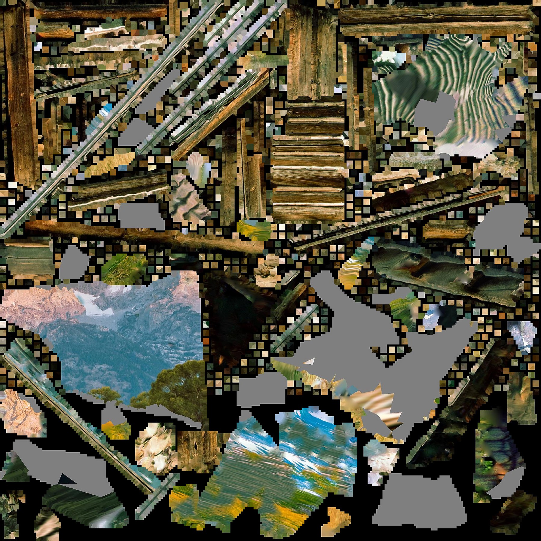 Digital texture map for the barn reconstruction, with wooden boards and fragments of the landscape packed into one flat image.