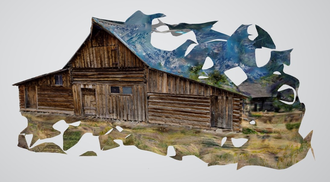 Textured digital reconstruction of the barn, with fragments of sky and gaps around the roof.