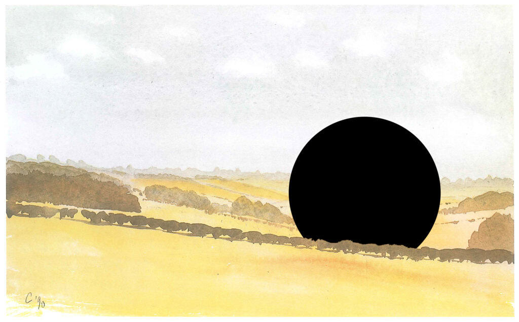 A black disc interrupts a watercolour landscape