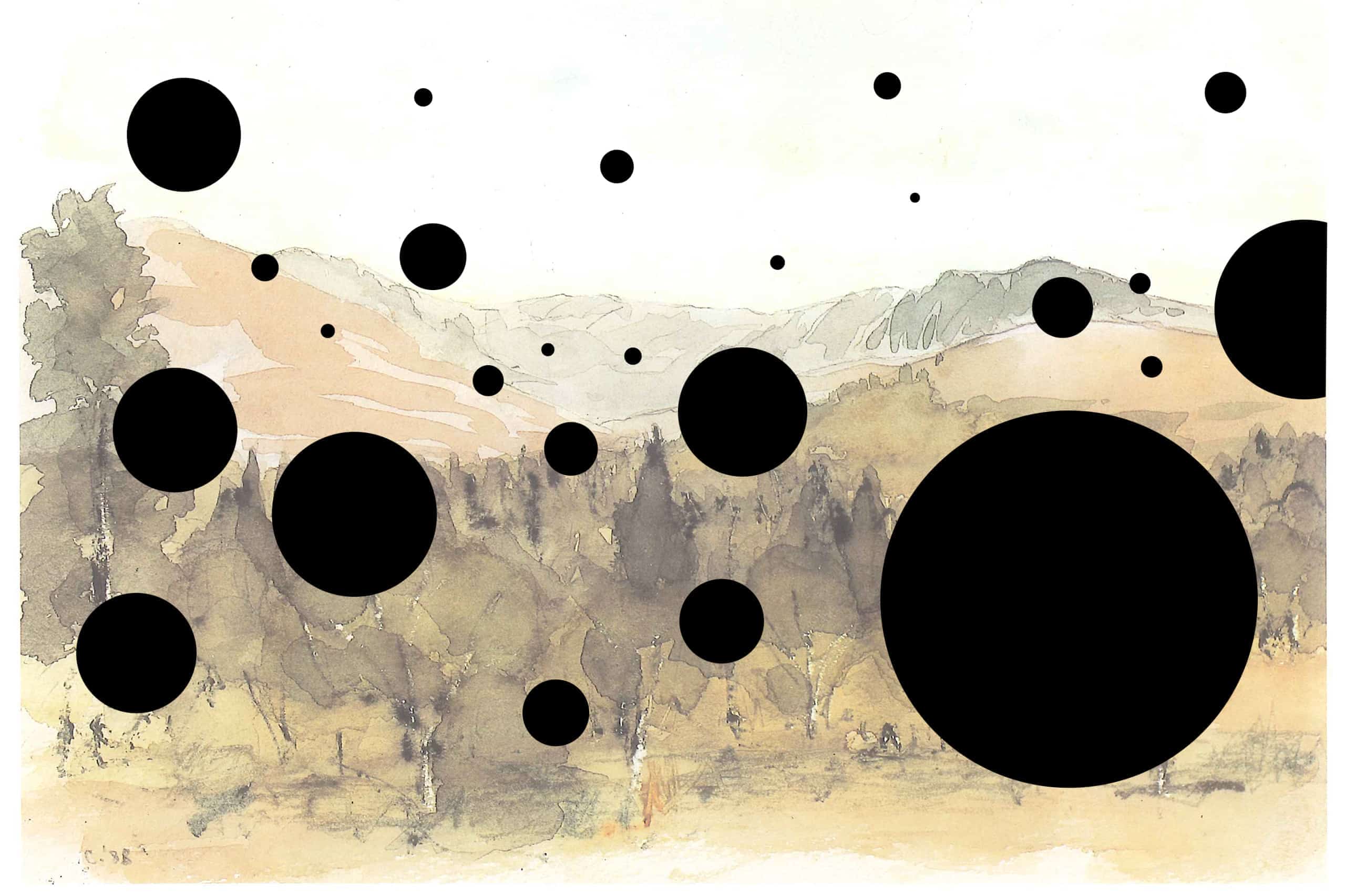 Multiple black discs interrupt a watercolour landscape