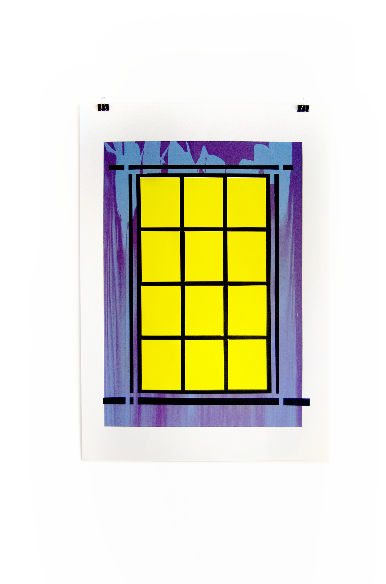 Blind Windows screenprint with a black window grid, purple surround and yellow panes; photograph 1