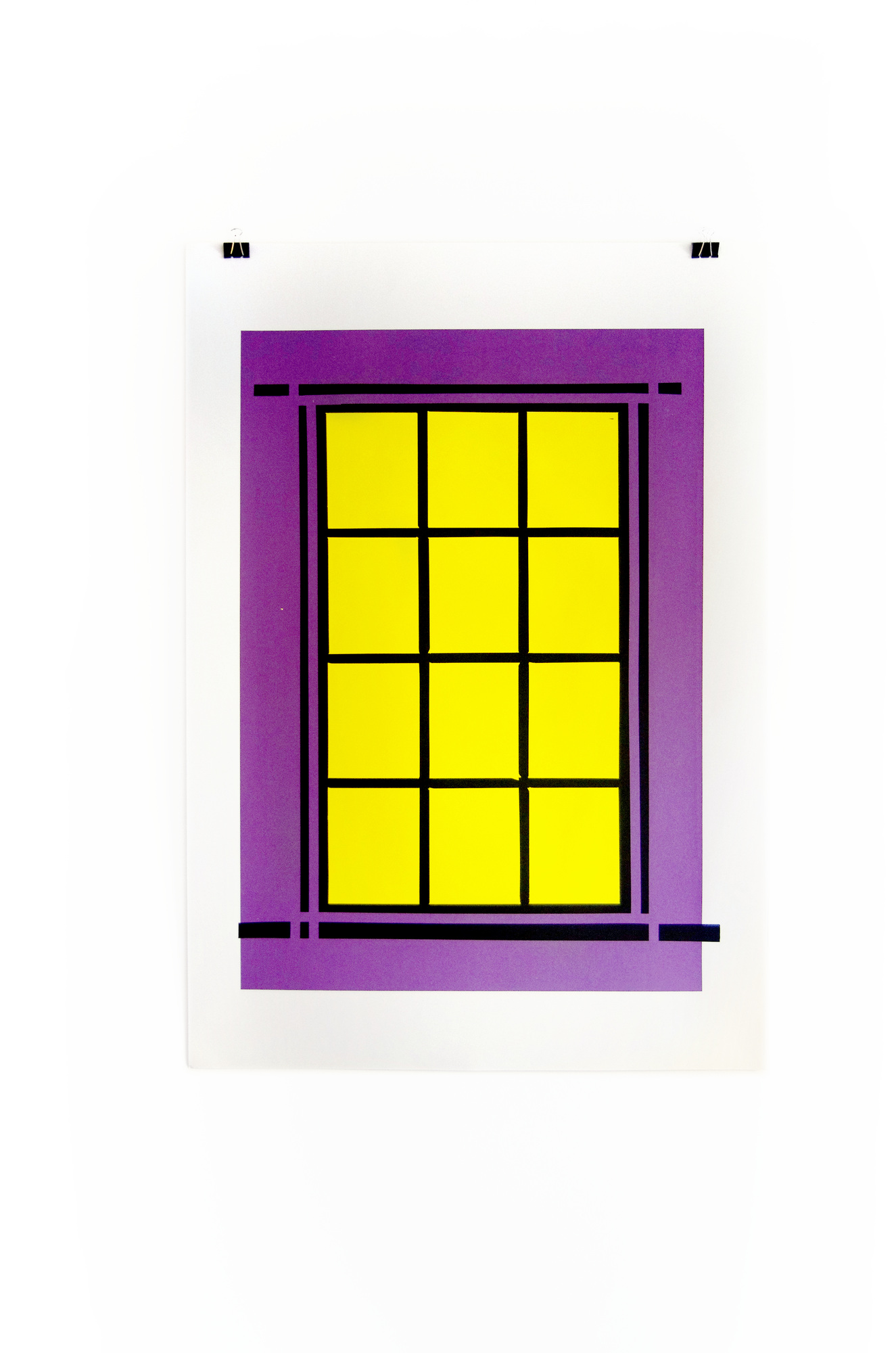 Blind Windows screenprint with a black window grid, purple surround and yellow panes; photograph 2