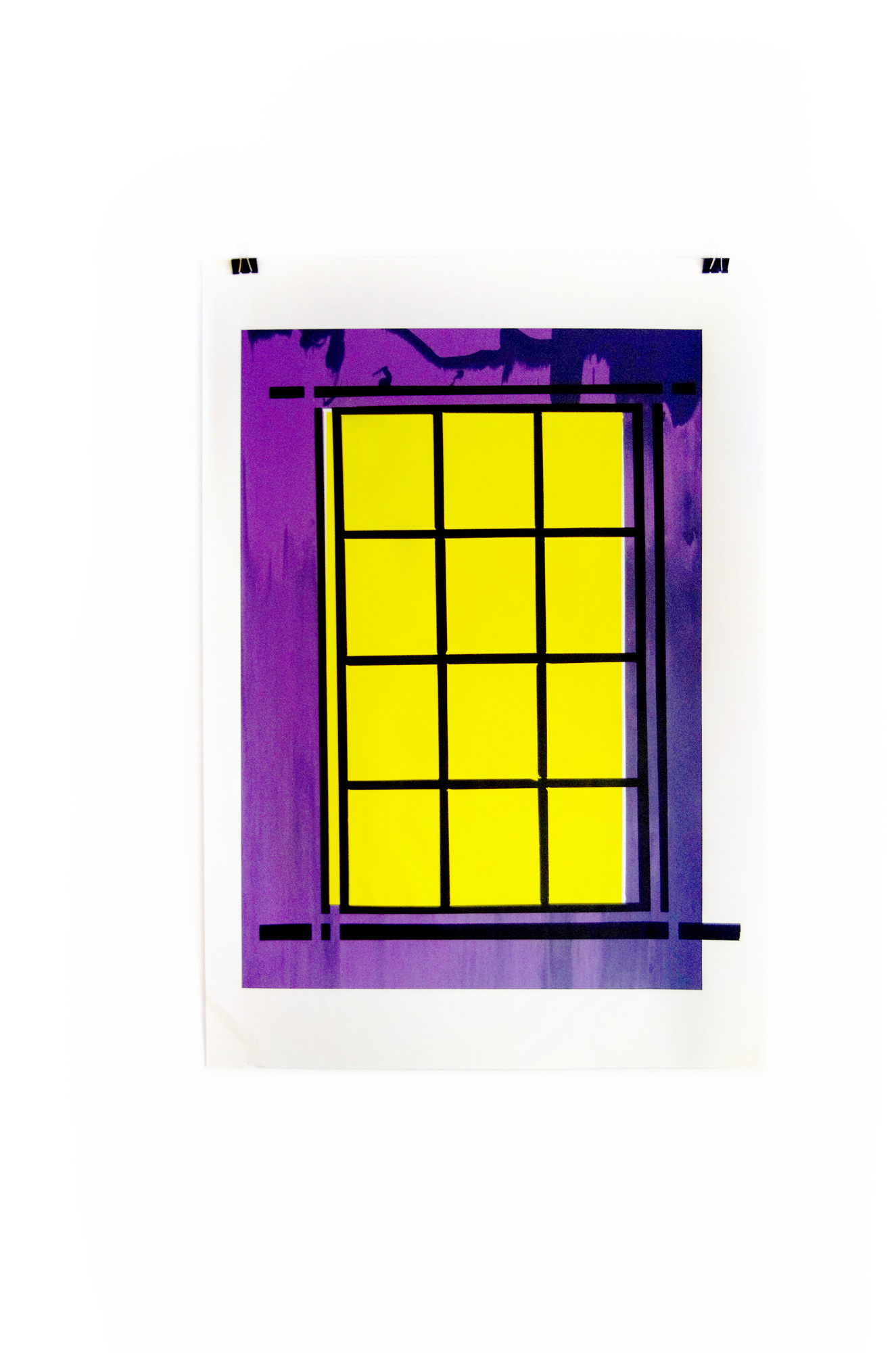 Blind Windows screenprint with a black window grid, purple surround and yellow panes; photograph 3
