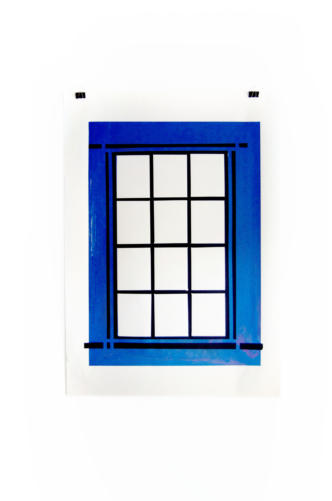 Blind Windows screenprint with a black window grid, blue surround and pale panes; photograph 4