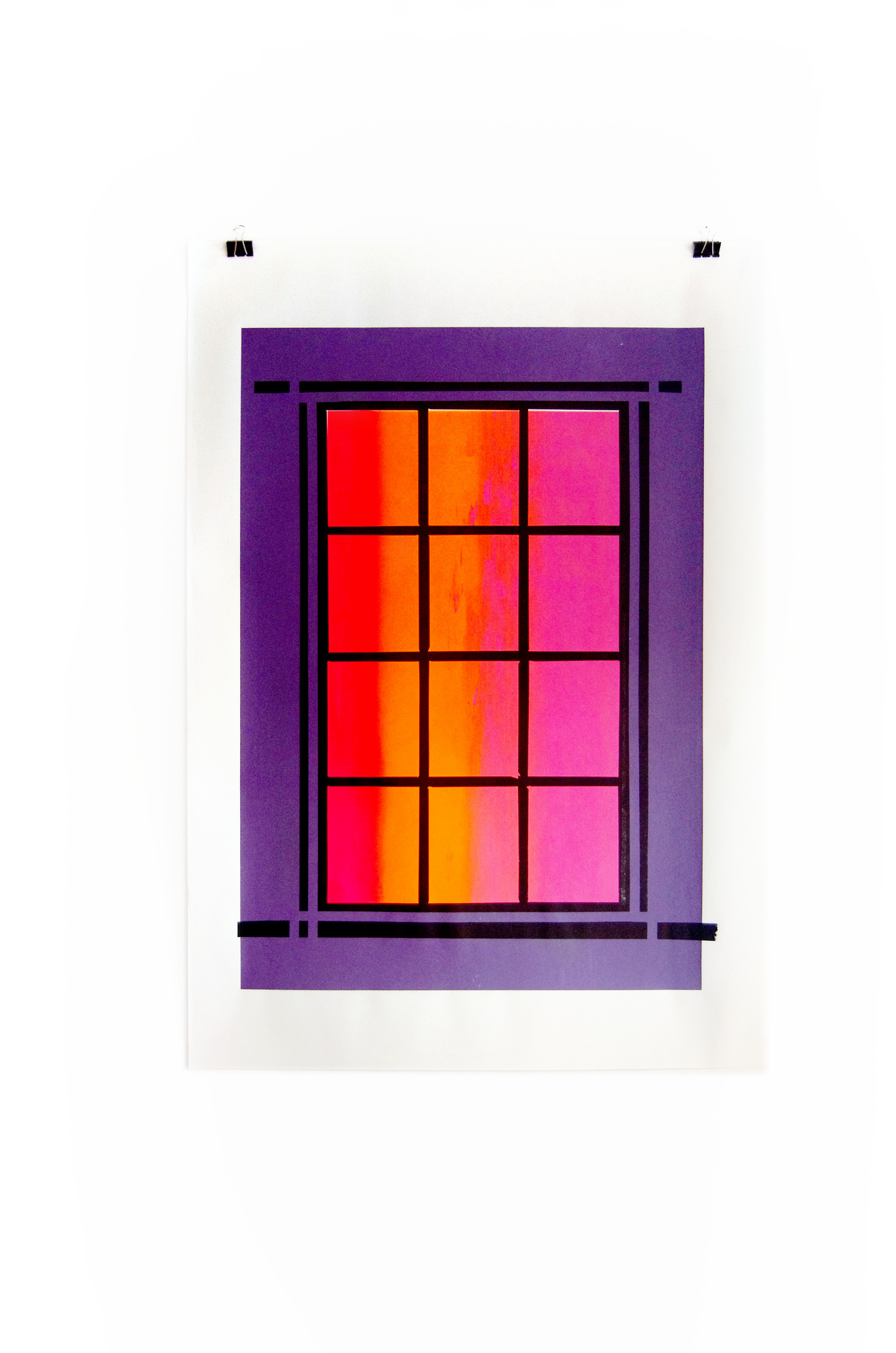 Blind Windows screenprint with a black window grid, pink and orange panes; photograph 5