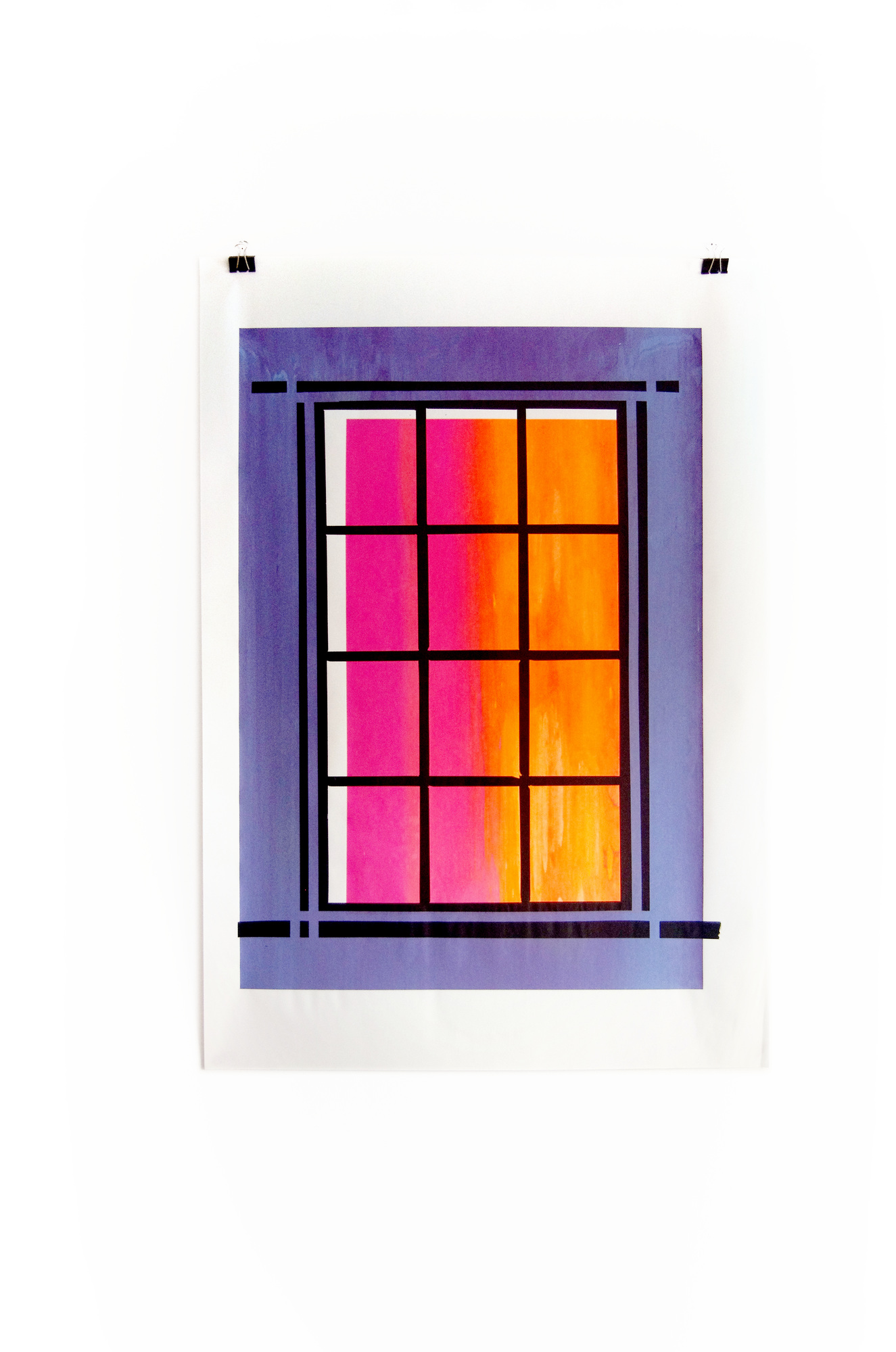 Blind Windows screenprint with a black window grid, pink and orange panes; photograph 6
