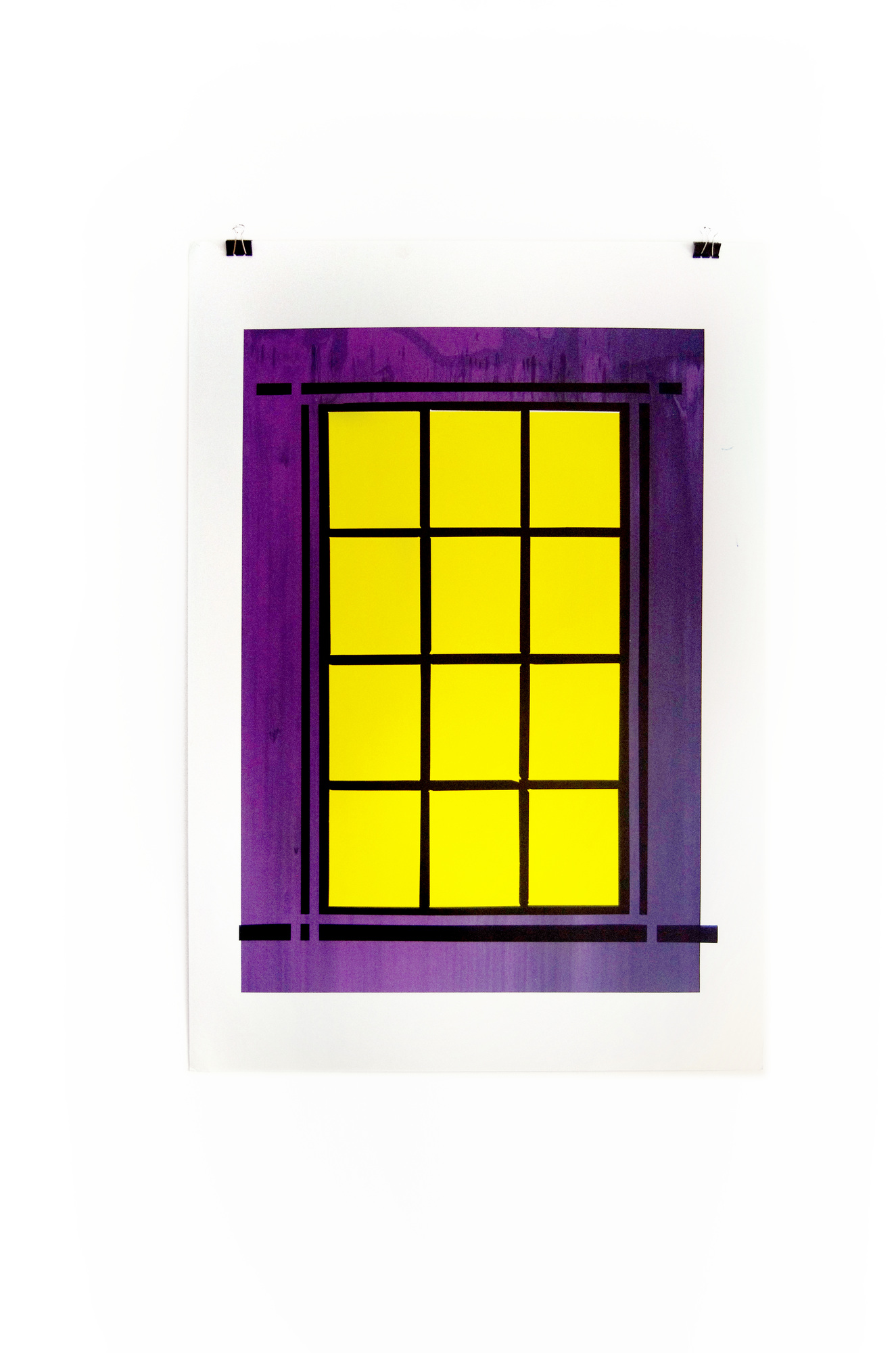 Blind Windows screenprint with a black window grid, purple surround and yellow panes; photograph 7