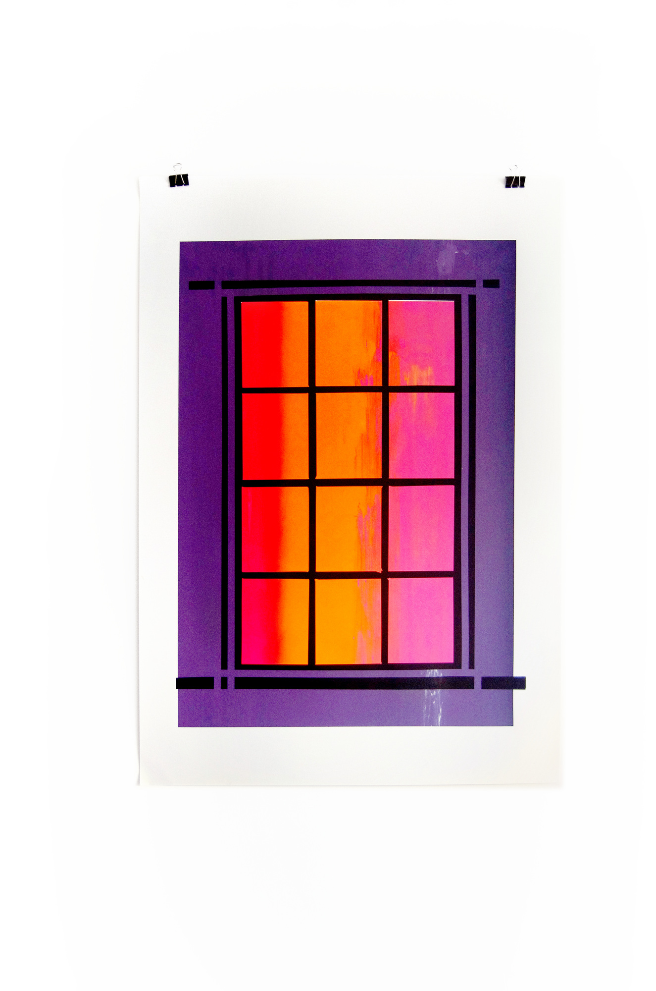 Blind Windows screenprint with a black window grid, pink and orange panes; photograph 8