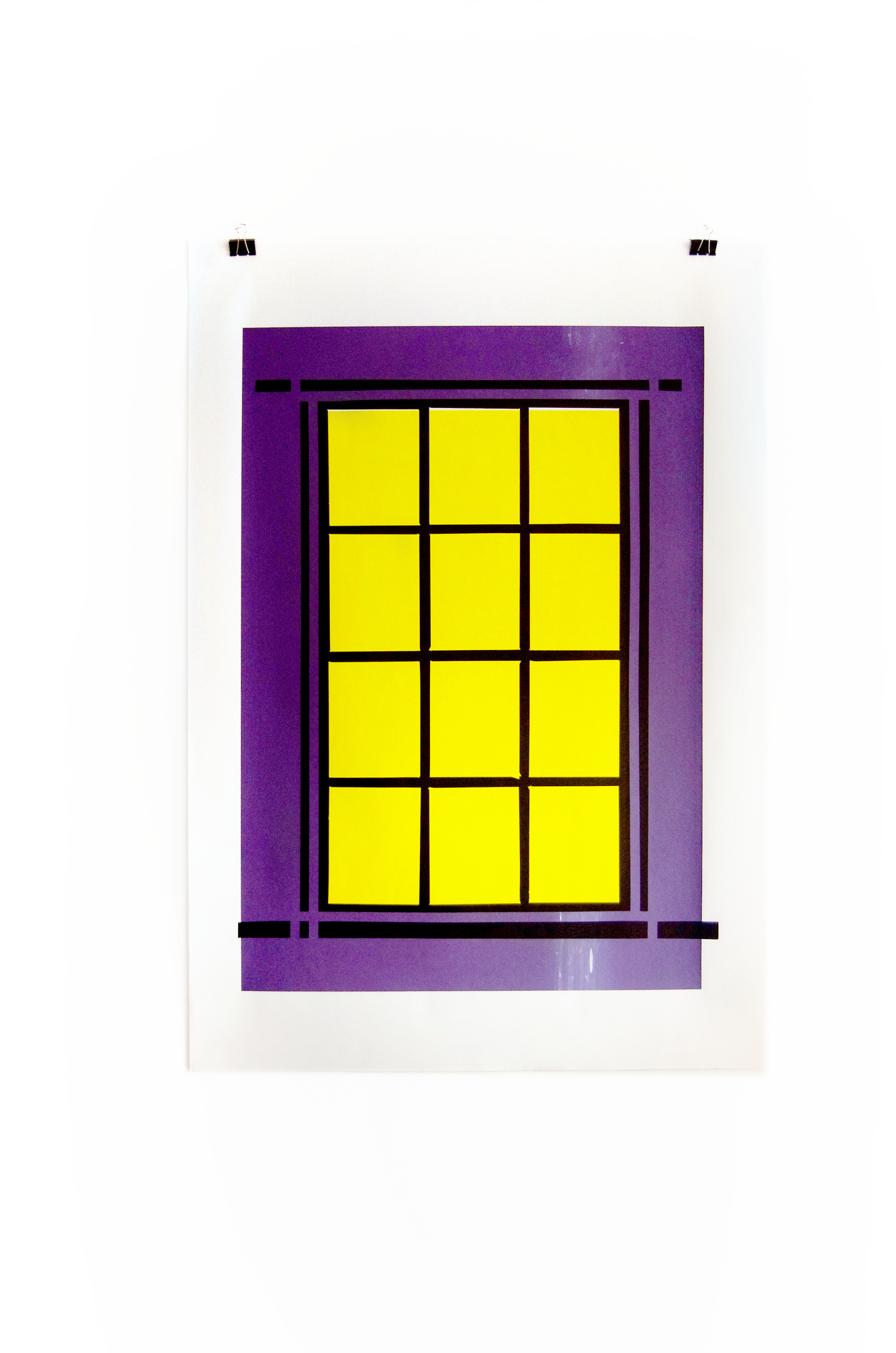 Blind Windows screenprint with a black window grid, purple surround and yellow panes; photograph 9