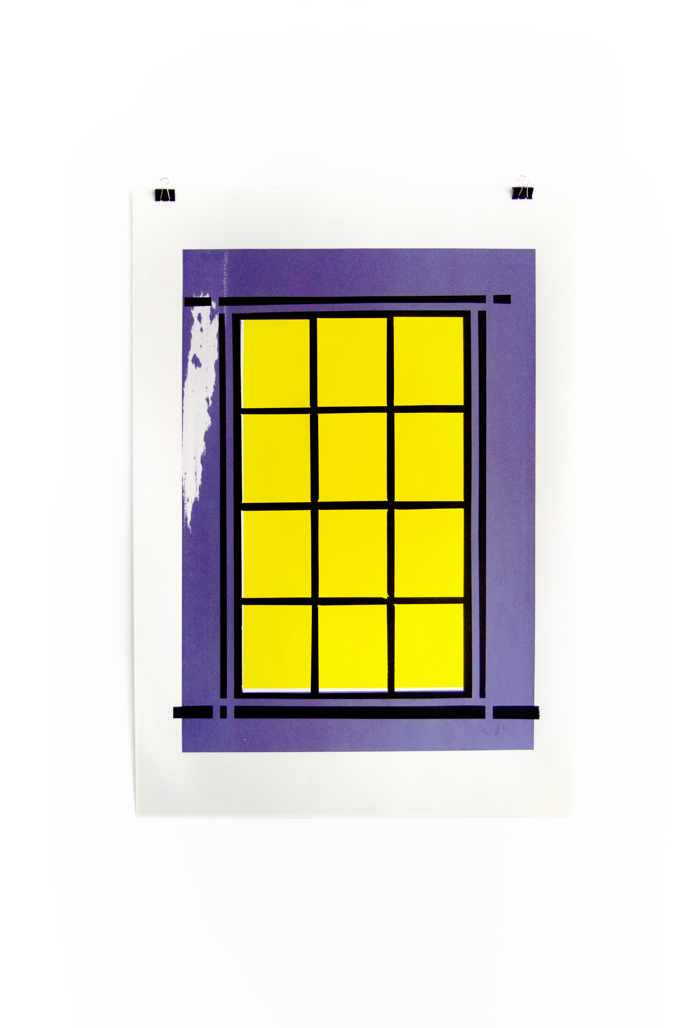 Blind Windows screenprint with a black window grid, purple surround and yellow panes; photograph 11