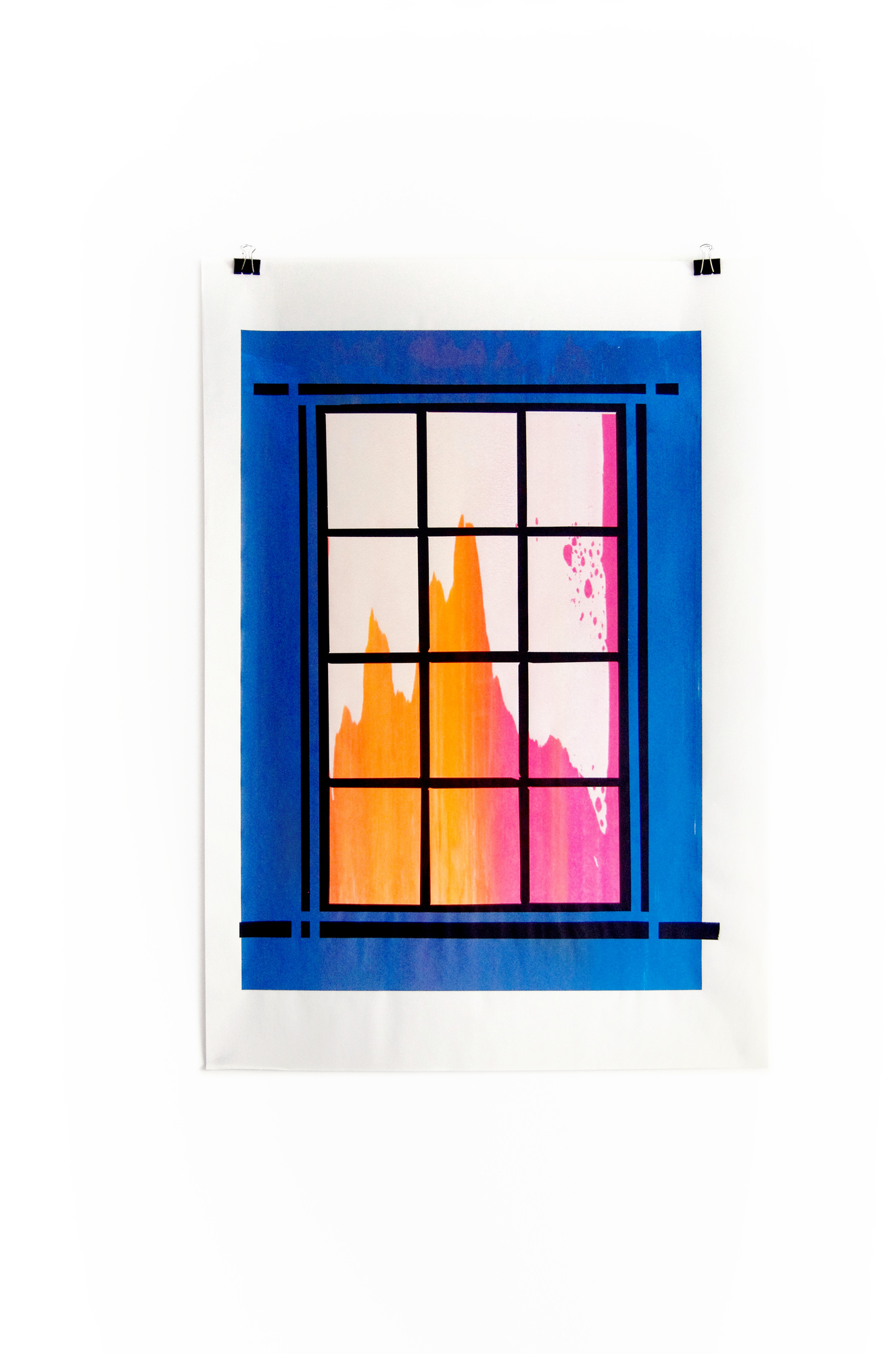 Blind Windows screenprint with a black window grid, blue surround with orange and pink marks; photograph 12