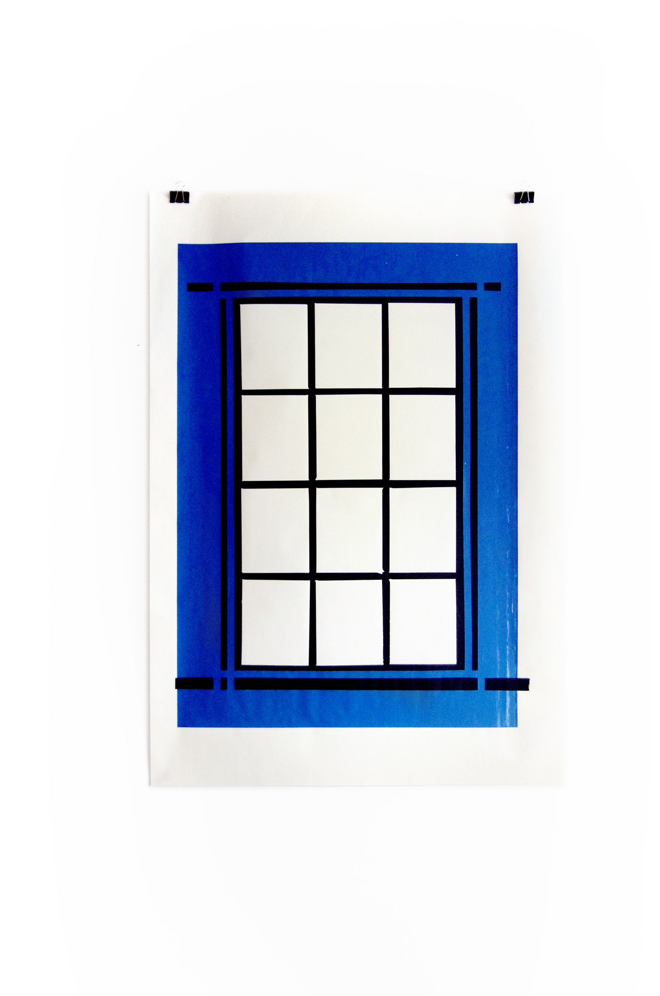 Blind Windows screenprint with a black window grid, blue surround and pale panes; photograph 13