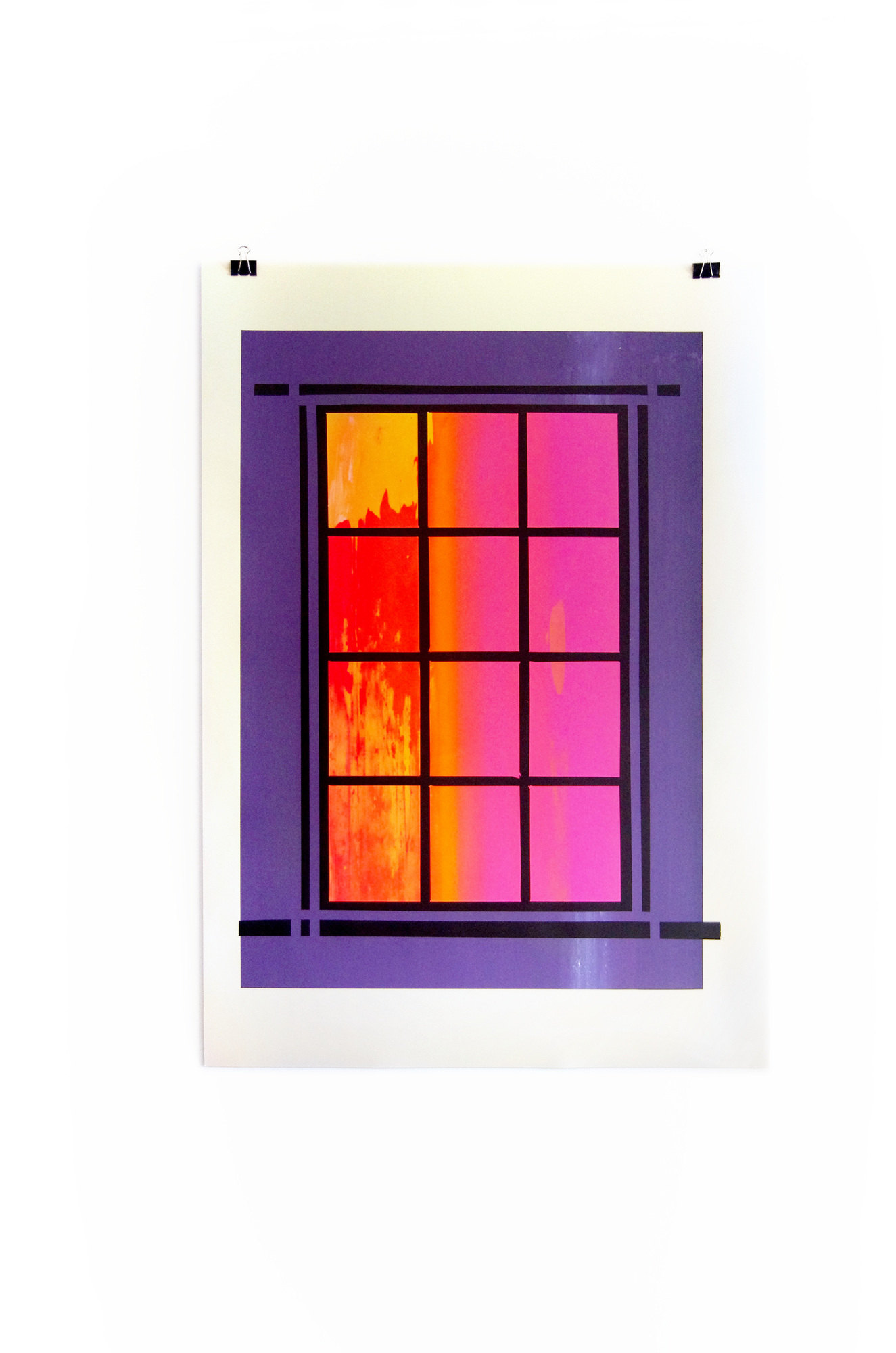 Blind Windows screenprint with a black window grid, pink and orange panes; photograph 14