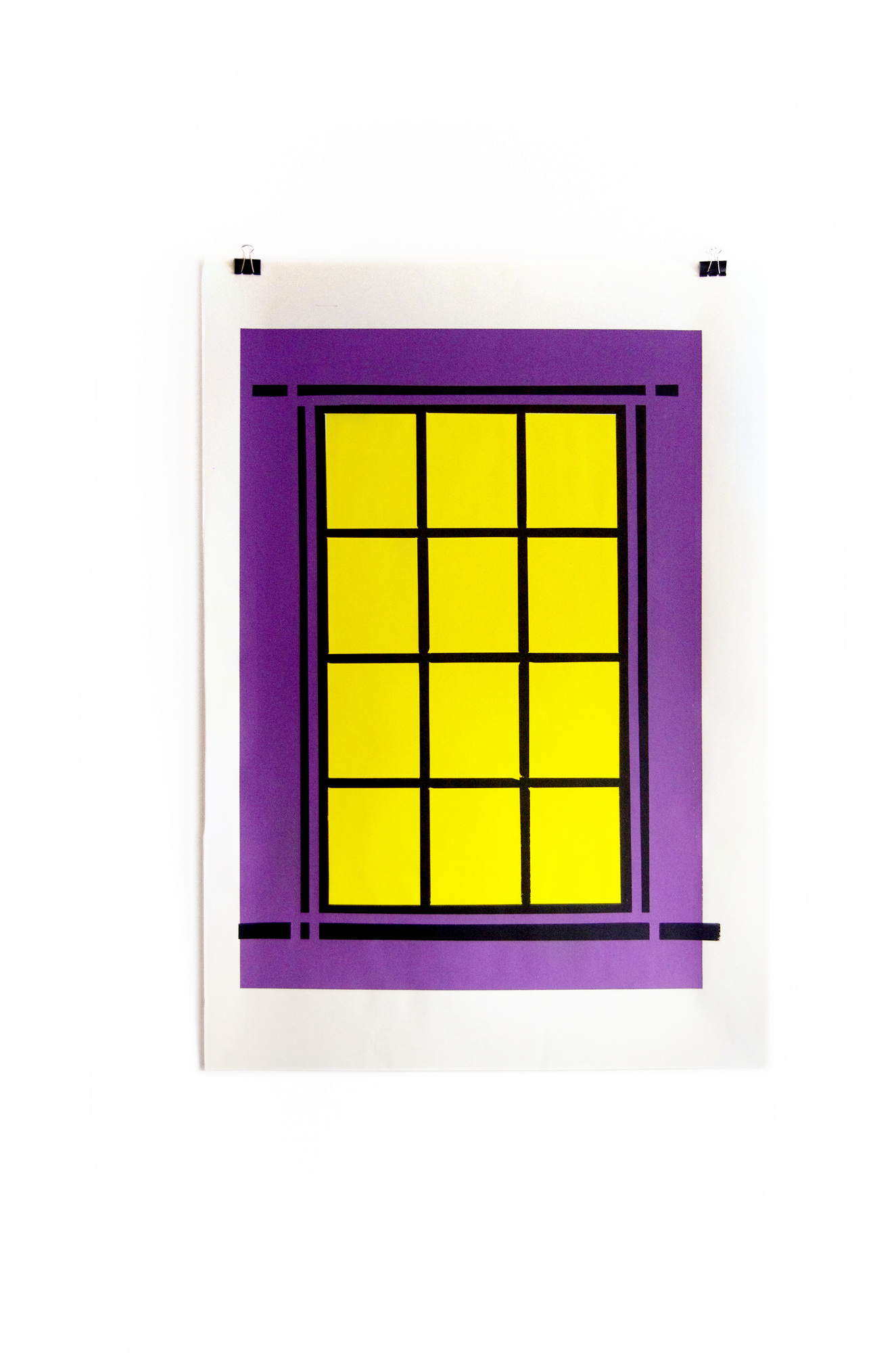 Blind Windows screenprint with a black window grid, purple surround and yellow panes; photograph 15