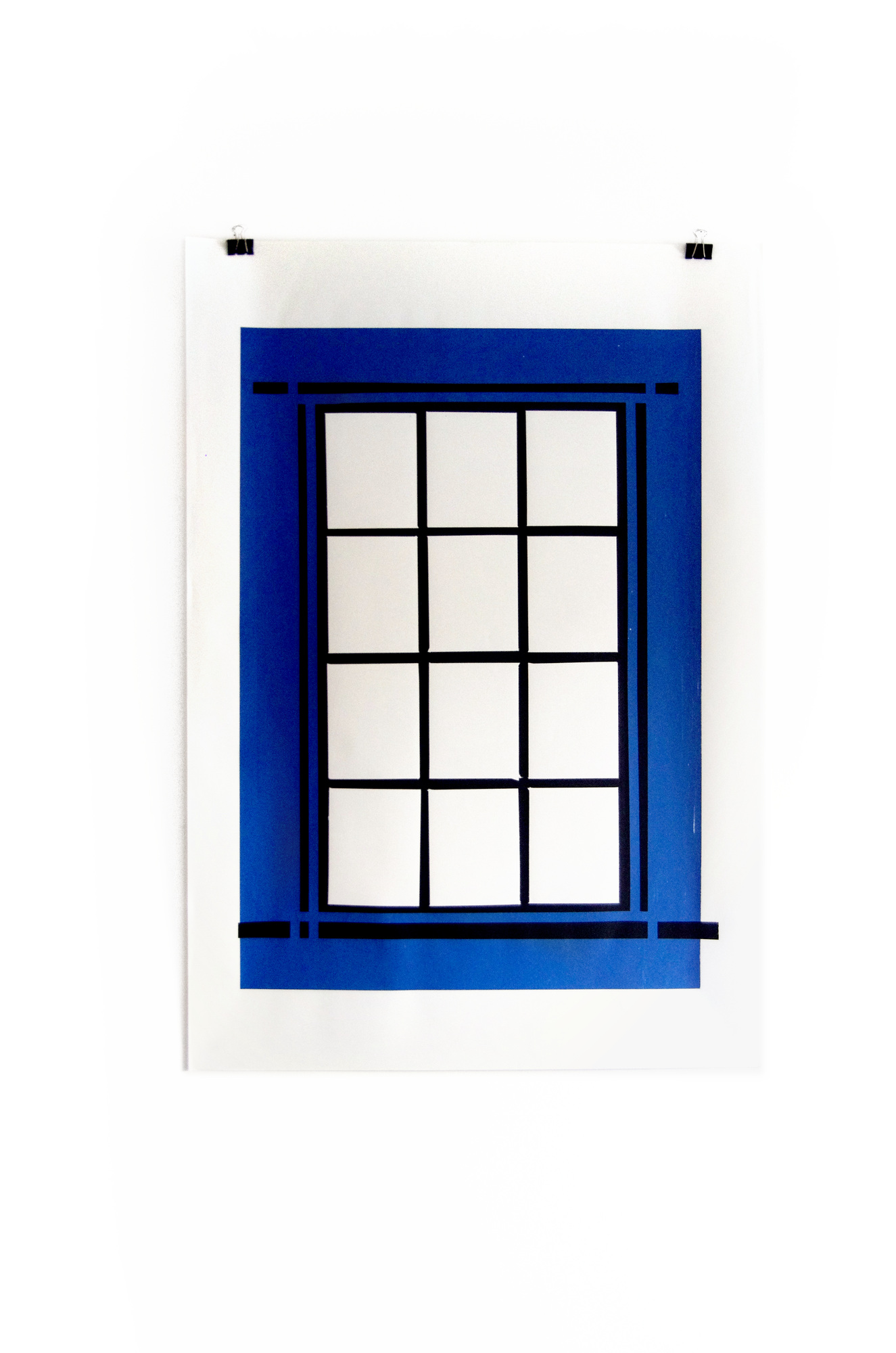 Blind Windows screenprint with a black window grid, blue surround and pale panes; photograph 17