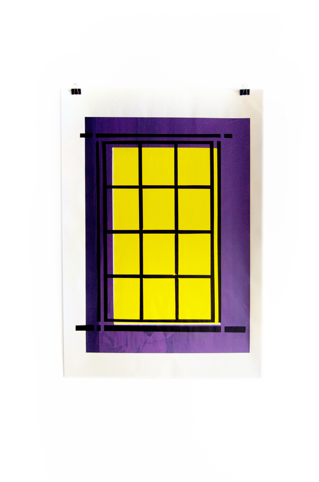 Blind Windows screenprint with a black window grid, purple surround and yellow panes; photograph 18