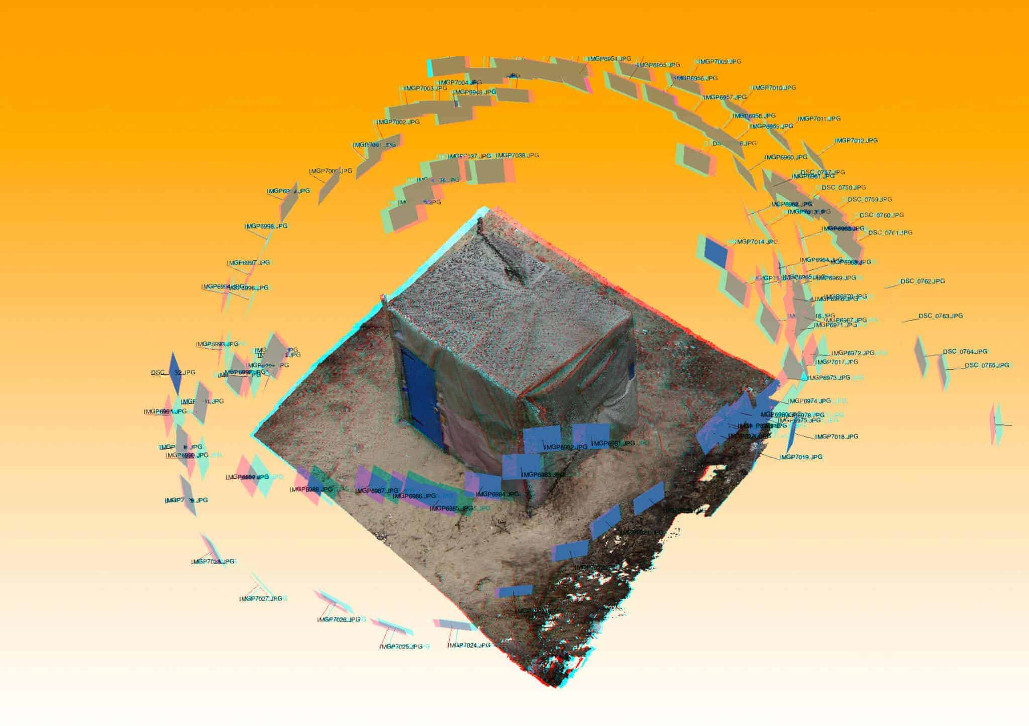 Photogrammetry of the shelter, with the camera positions surrounding it