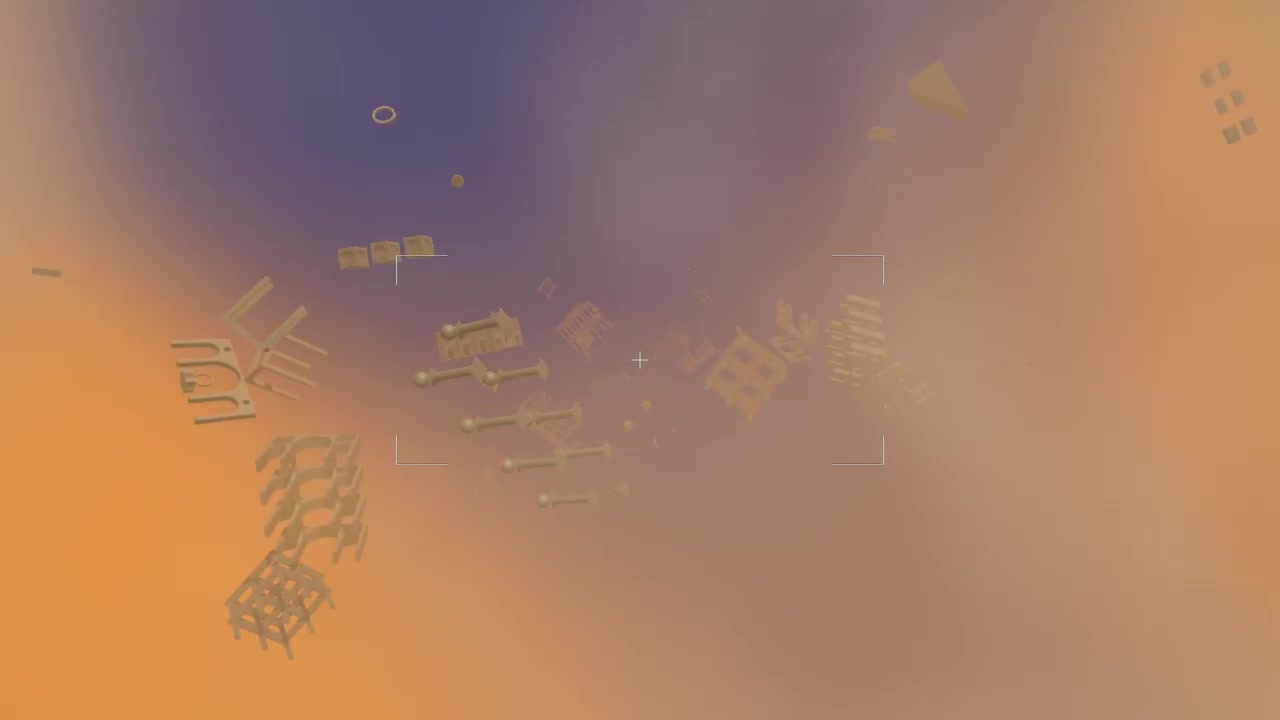 Disappear Here — architectural fragments suspended in gold, violet and mist