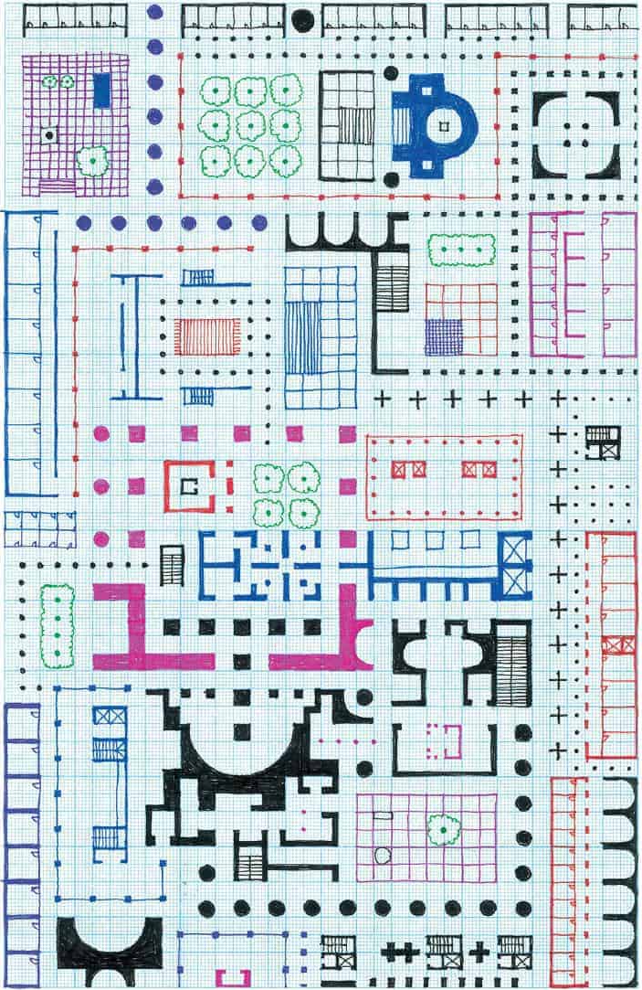 Empire of Ice Cream drawing with interconnected plans and coloured marks