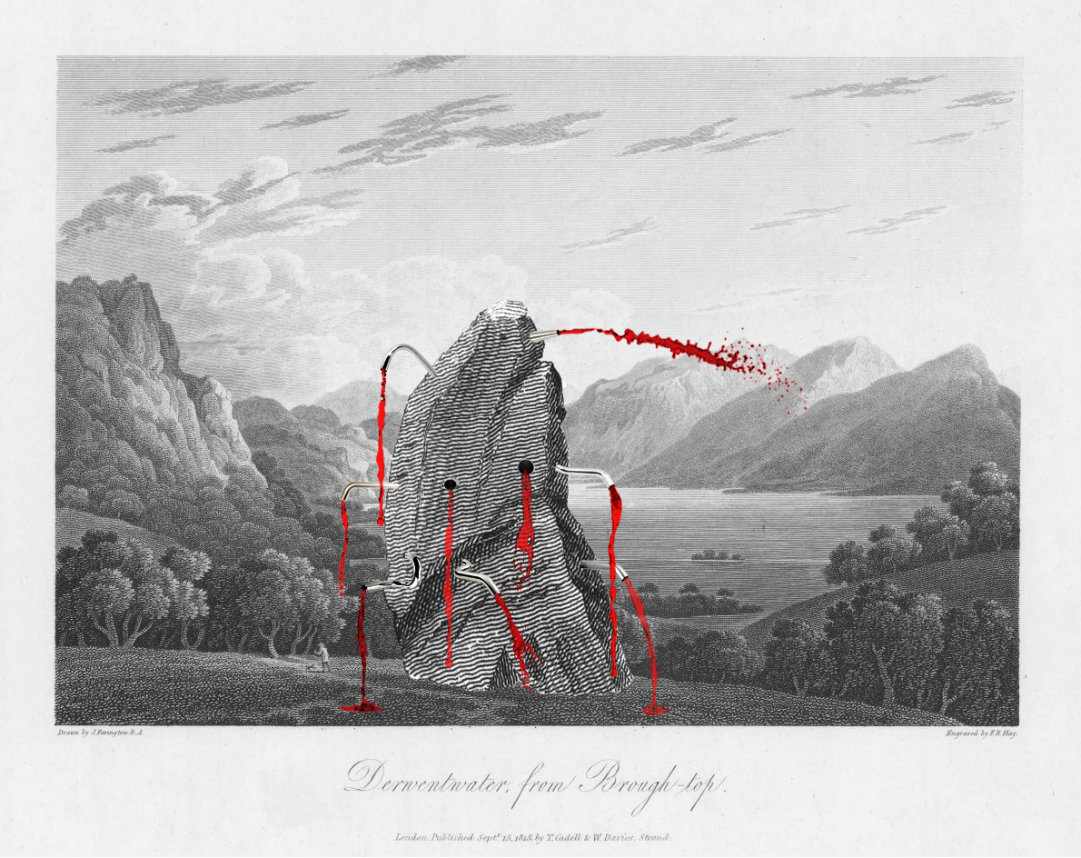 Folkloric Devices: red liquid flows from pipes in a stone against an engraved view of Derwentwater
