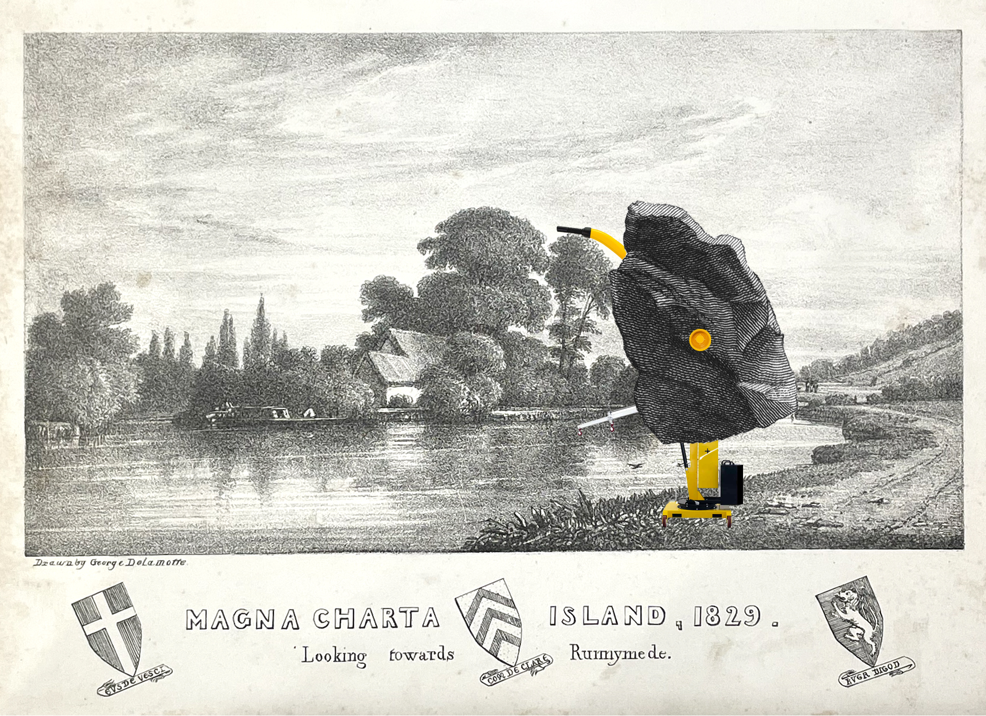 Folkloric Devices: a stone fitted with yellow machinery in an engraved view of Magna Charta Island
