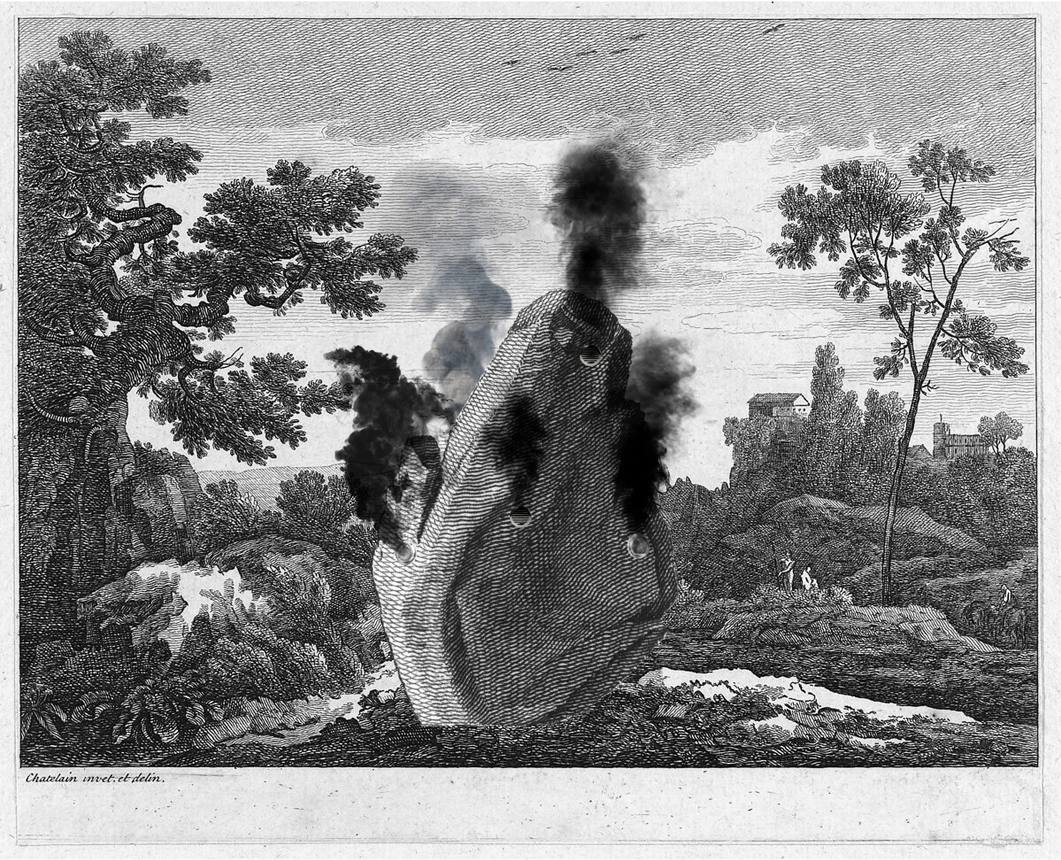 Folkloric Devices: smoke rises from vents in a stone within an engraved landscape