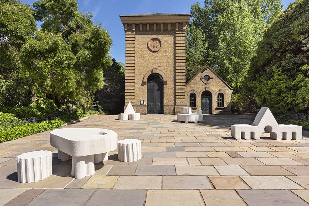 The sculptural seats and tables arranged across the terrace