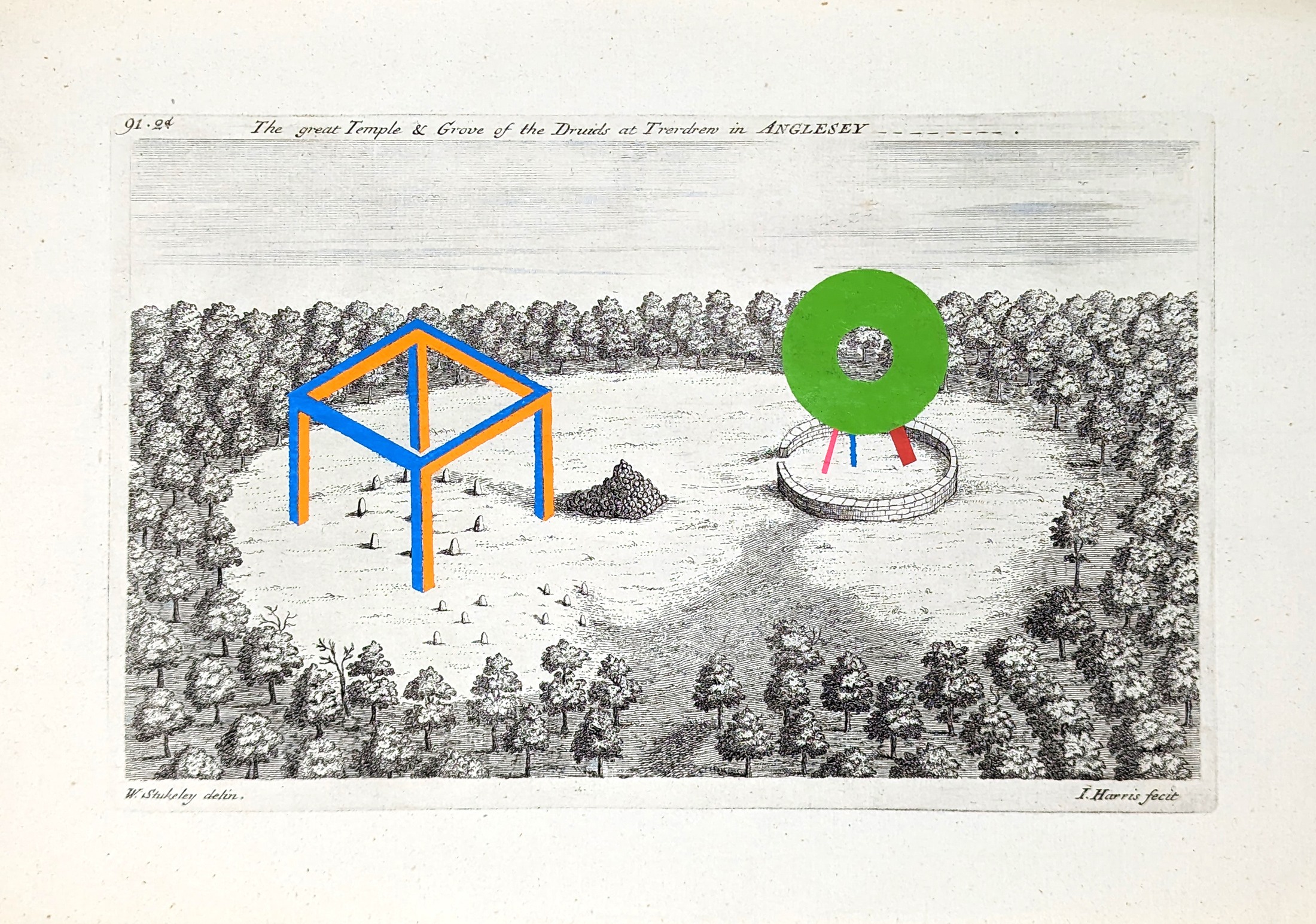 Ritual Litter: The Great Temple & Grove of the Druids at Terdren, with coloured geometric forms painted onto an antique print.