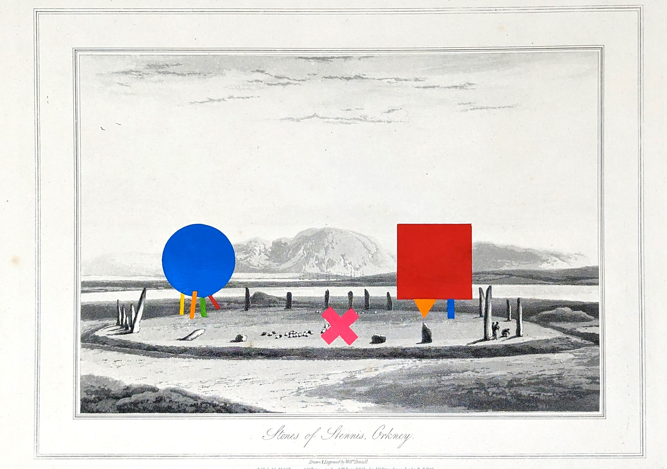 Ritual Litter: Stones of Stennis-Orkney, with coloured geometric forms painted onto an antique print.