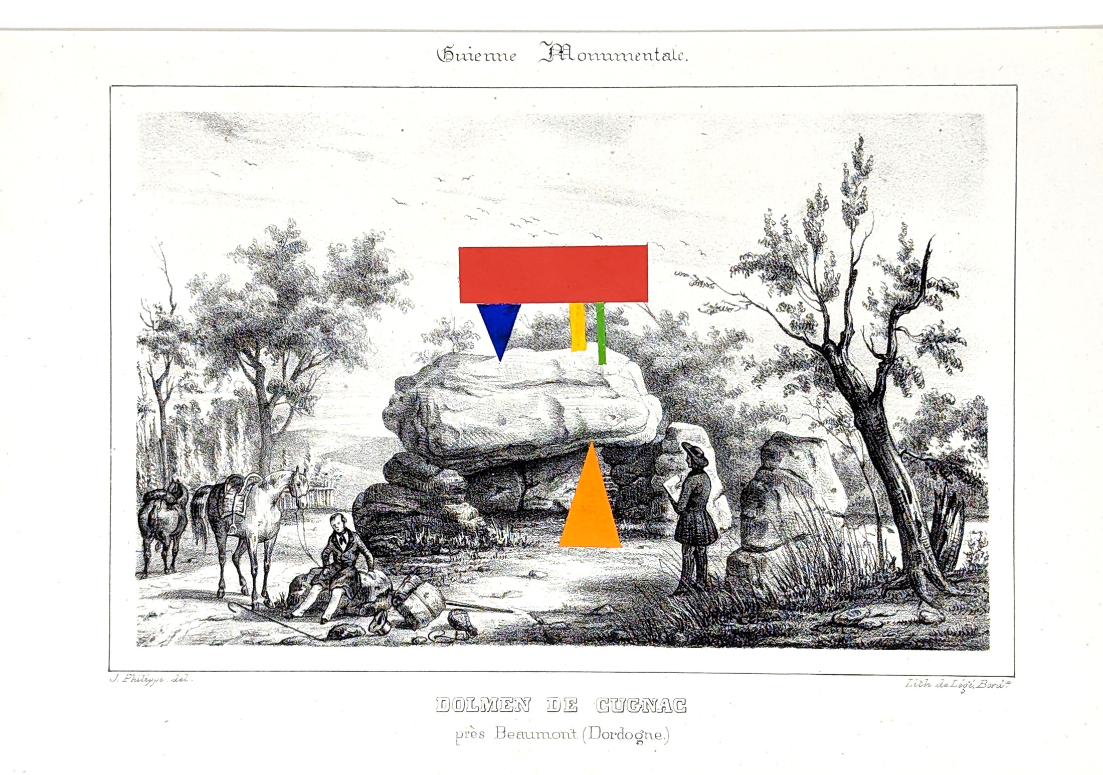 Ritual Litter: Dolmen de Cugnac, with coloured geometric forms painted onto an antique print.