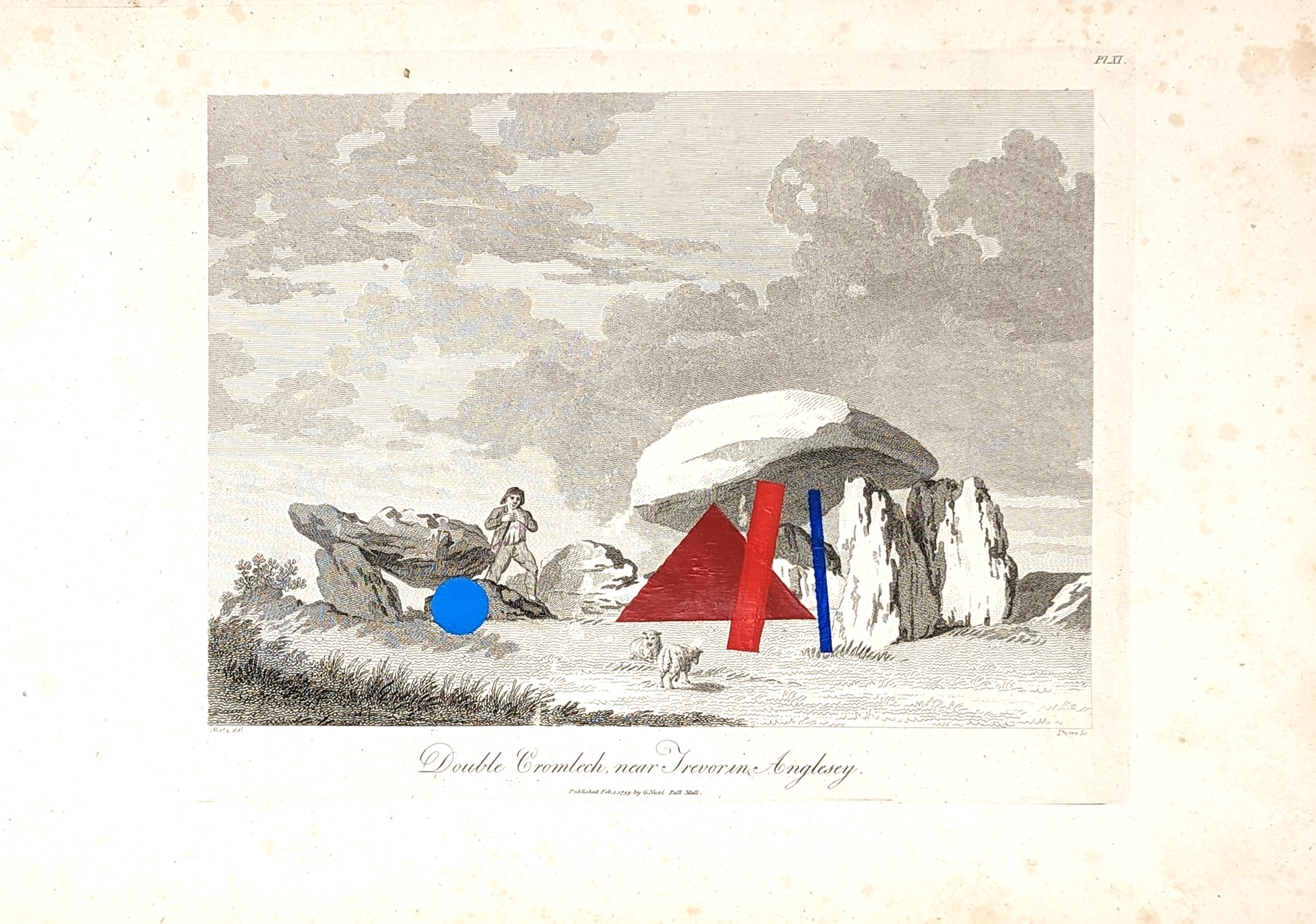 Ritual Litter: Double Cromlech, with coloured geometric forms painted onto an antique print.