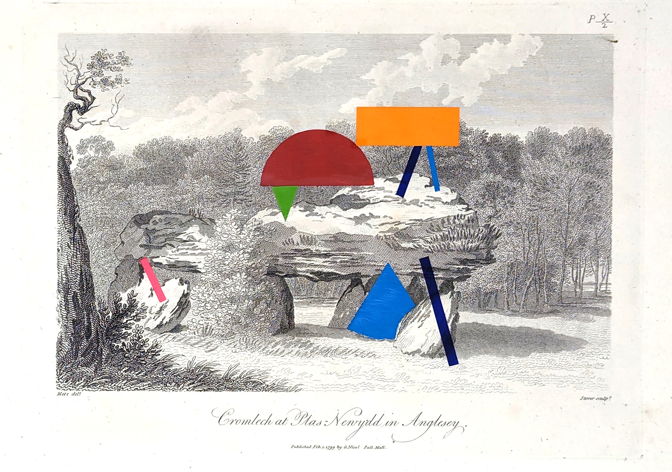 Ritual Litter: Cromlech at Plas, with coloured geometric forms painted onto an antique print.