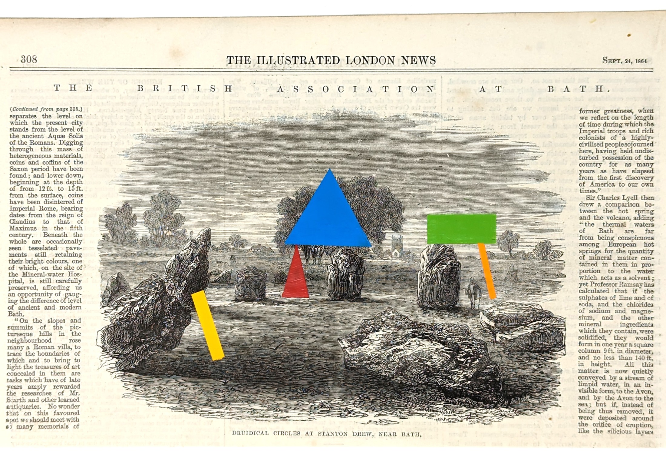 Ritual Litter: Druidical Circles at Stanton Drew, Near Bath, with coloured geometric forms painted onto an antique print.