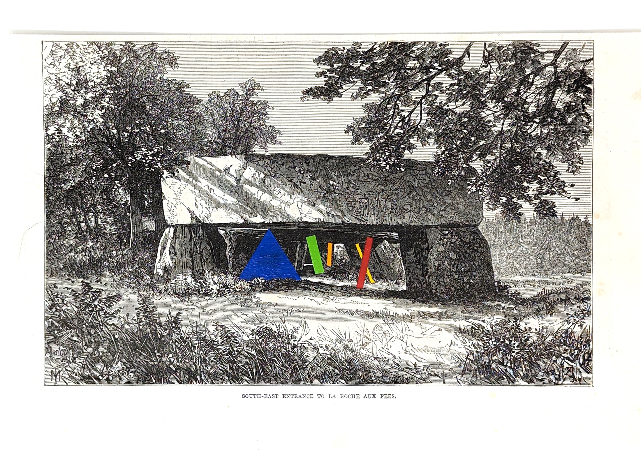 Ritual Litter: South-East Entrance to la Roche aux Fées, with coloured geometric forms painted onto an antique print.