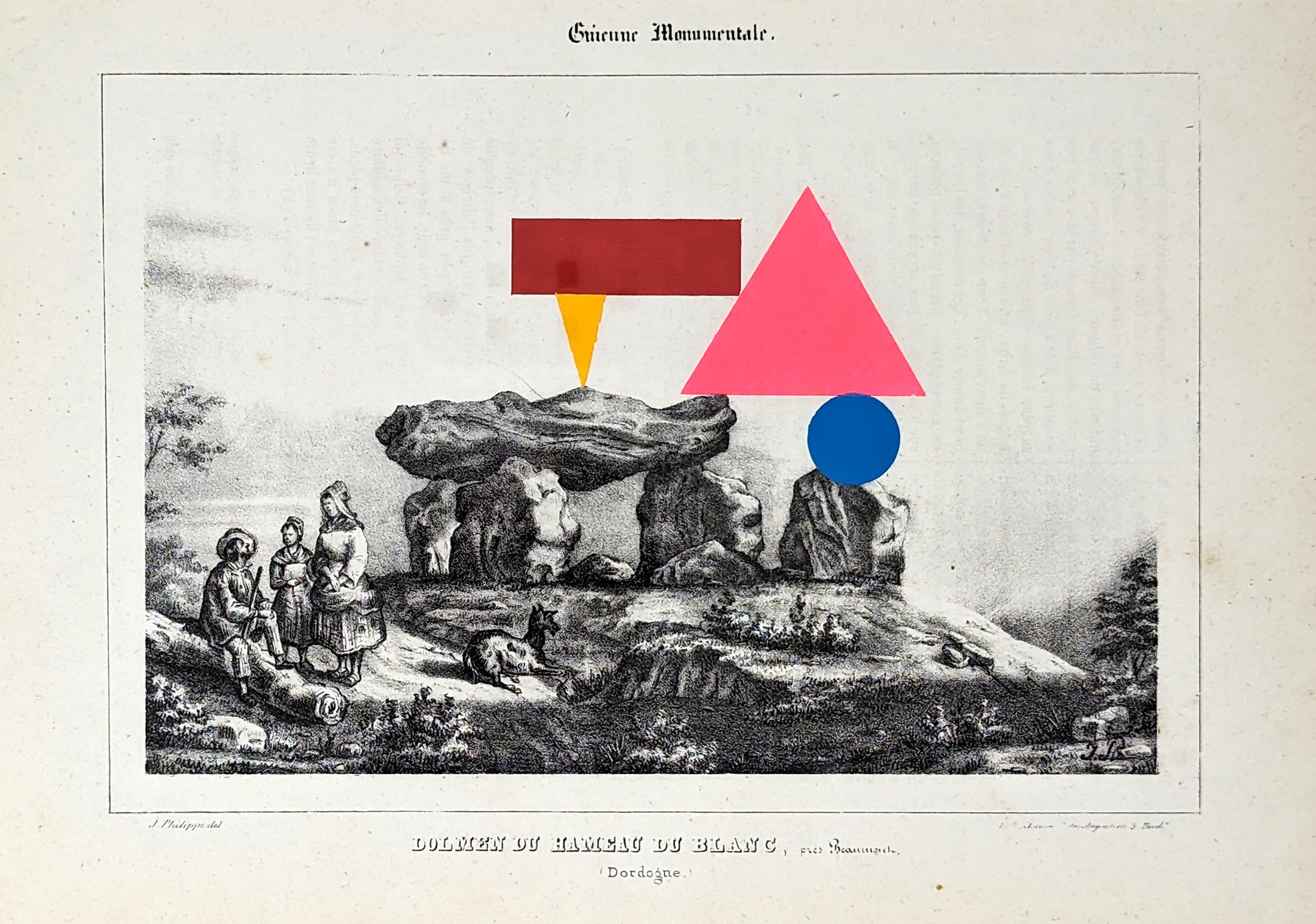 Ritual Litter: Dolmen du Hameau du Blanc, with coloured geometric forms painted onto an antique print.