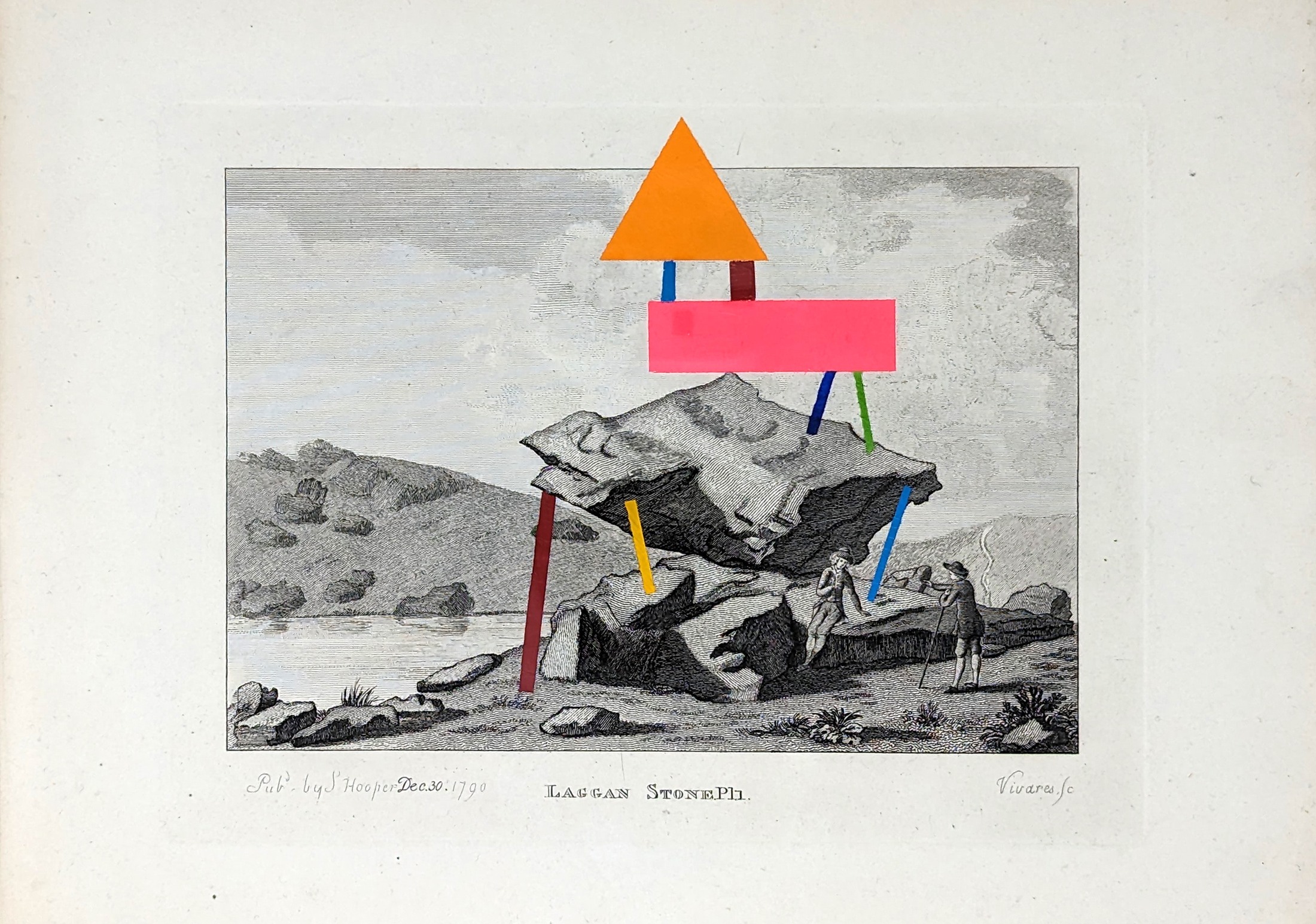 Ritual Litter: Laggan Stone, with coloured geometric forms painted onto an antique print.