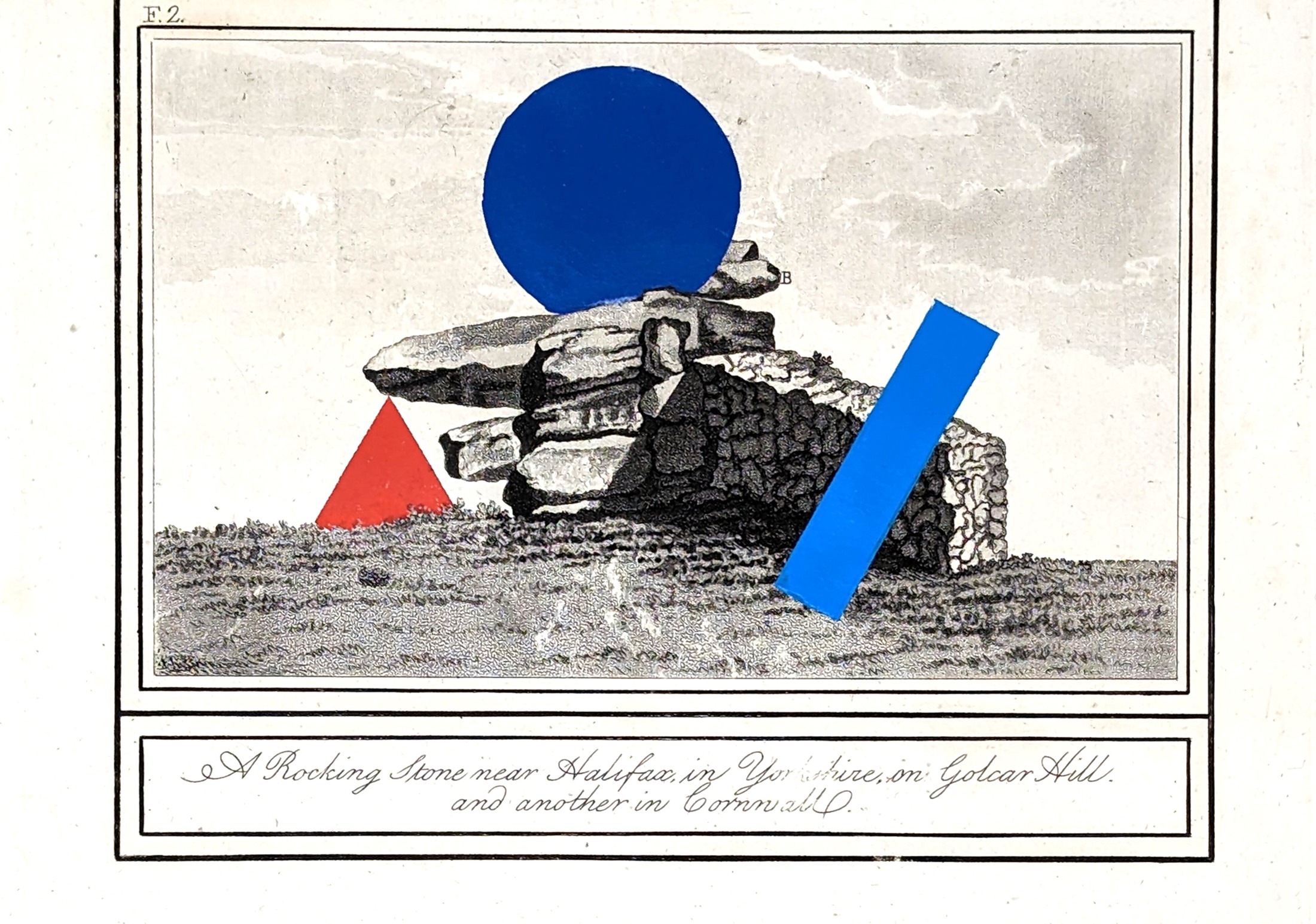 Ritual Litter: A Rocking Stone near Halifax, with coloured geometric forms painted onto an antique print.
