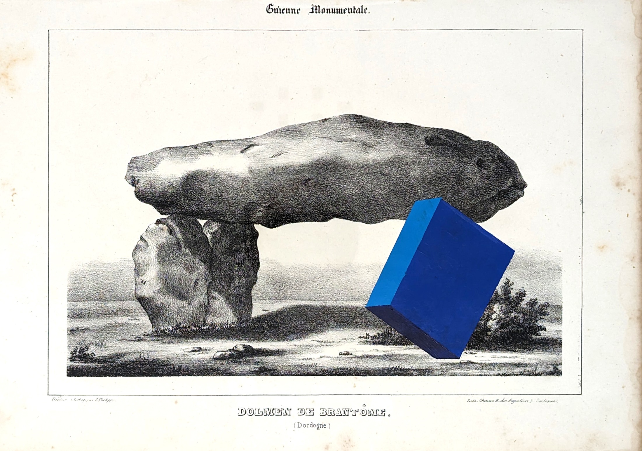 Ritual Litter: Dolmen de Brantôme, with coloured geometric forms painted onto an antique print.