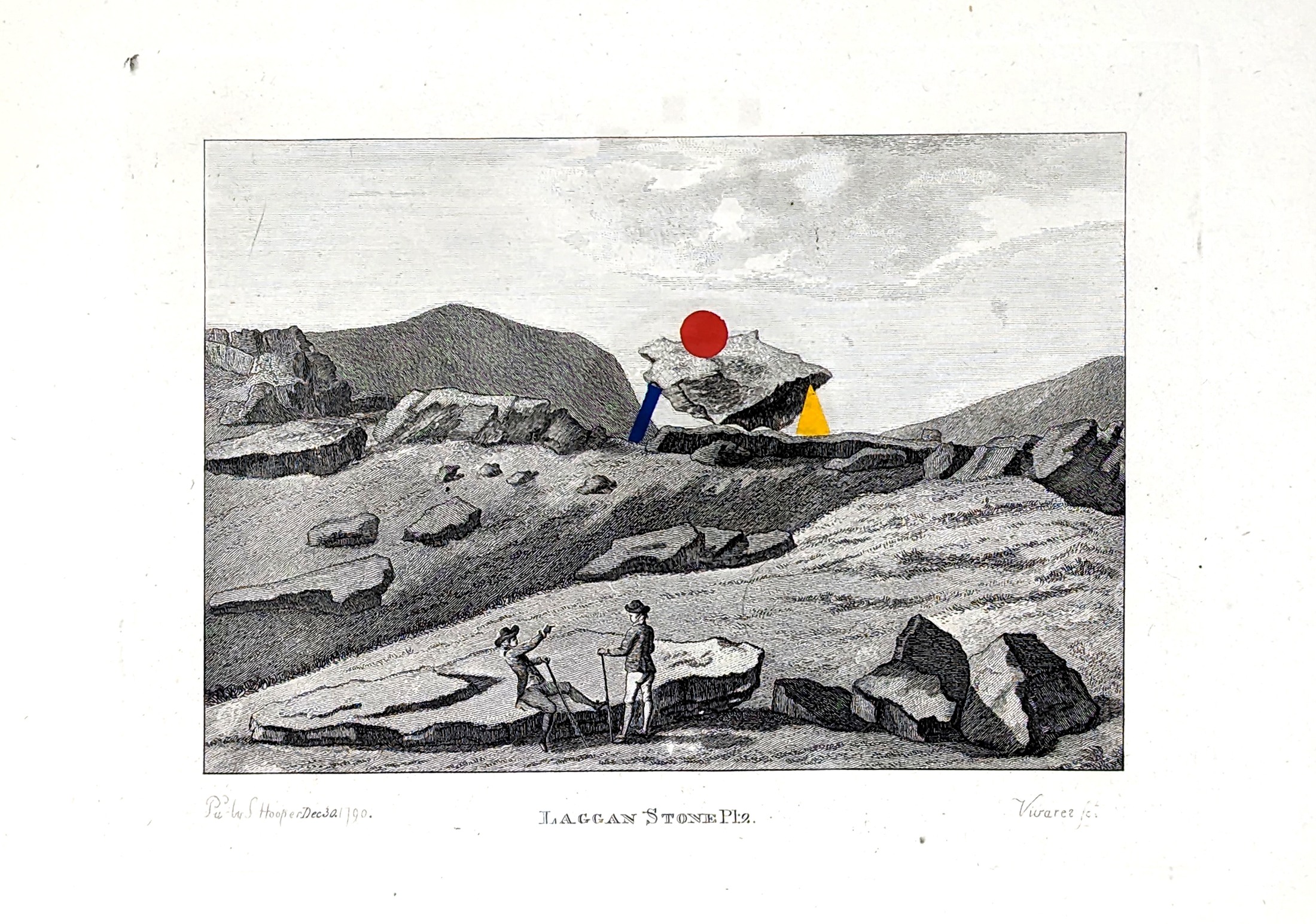 Ritual Litter: Laggan Stone Pl2, with coloured geometric forms painted onto an antique print.