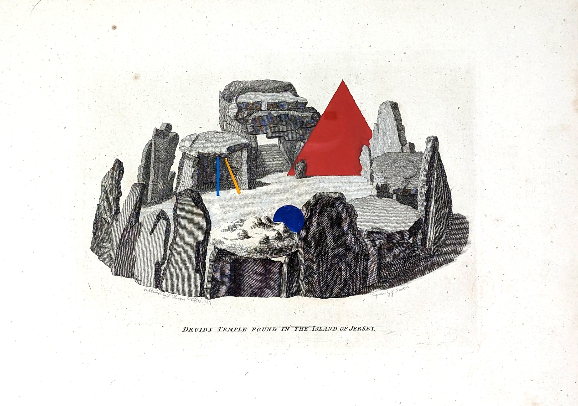 Ritual Litter: Druid’s Temple Found in the Island of Jersey, with coloured geometric forms painted onto an antique print.