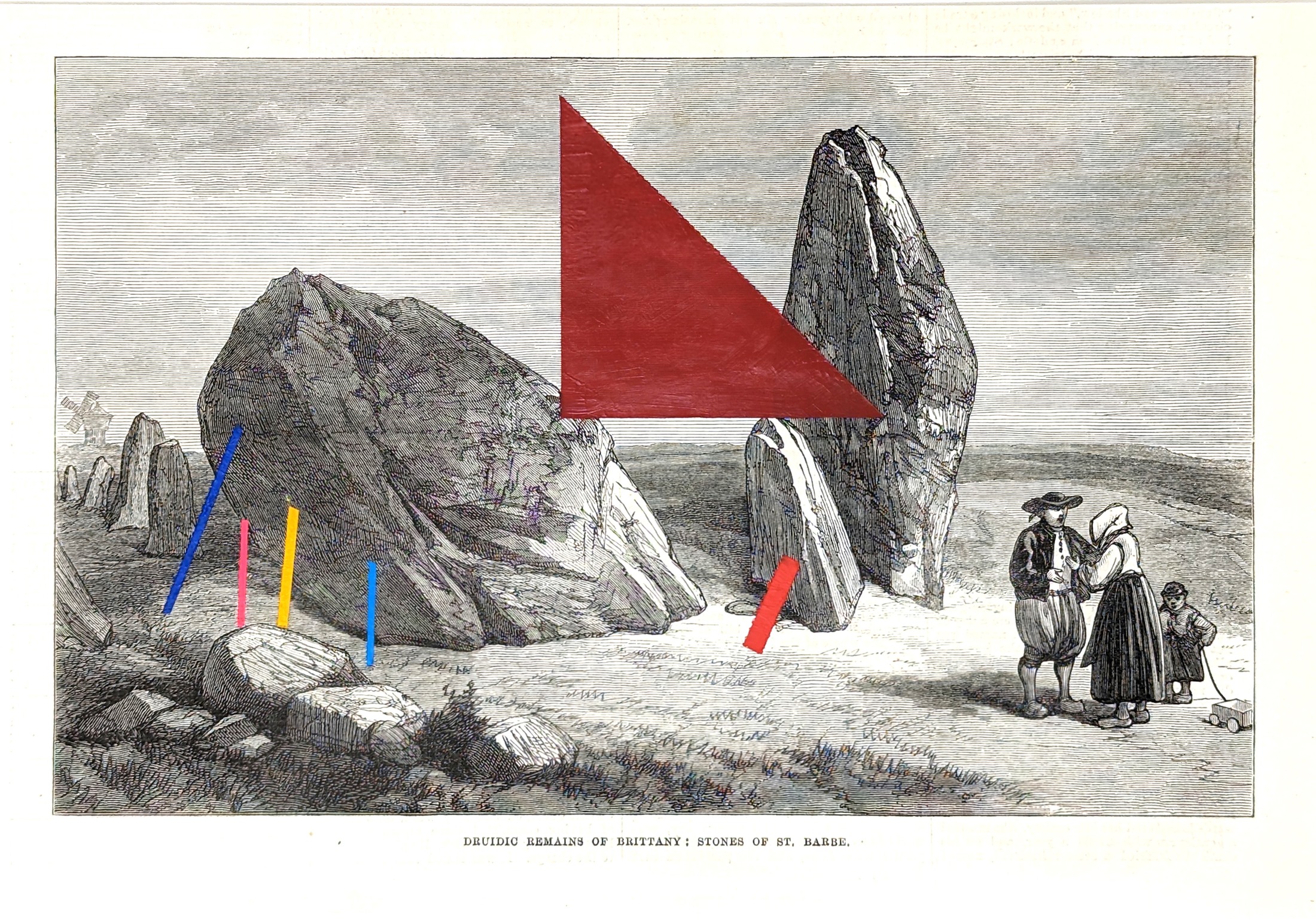 Ritual Litter: Druidic Remains of Brittany, with coloured geometric forms painted onto an antique print.