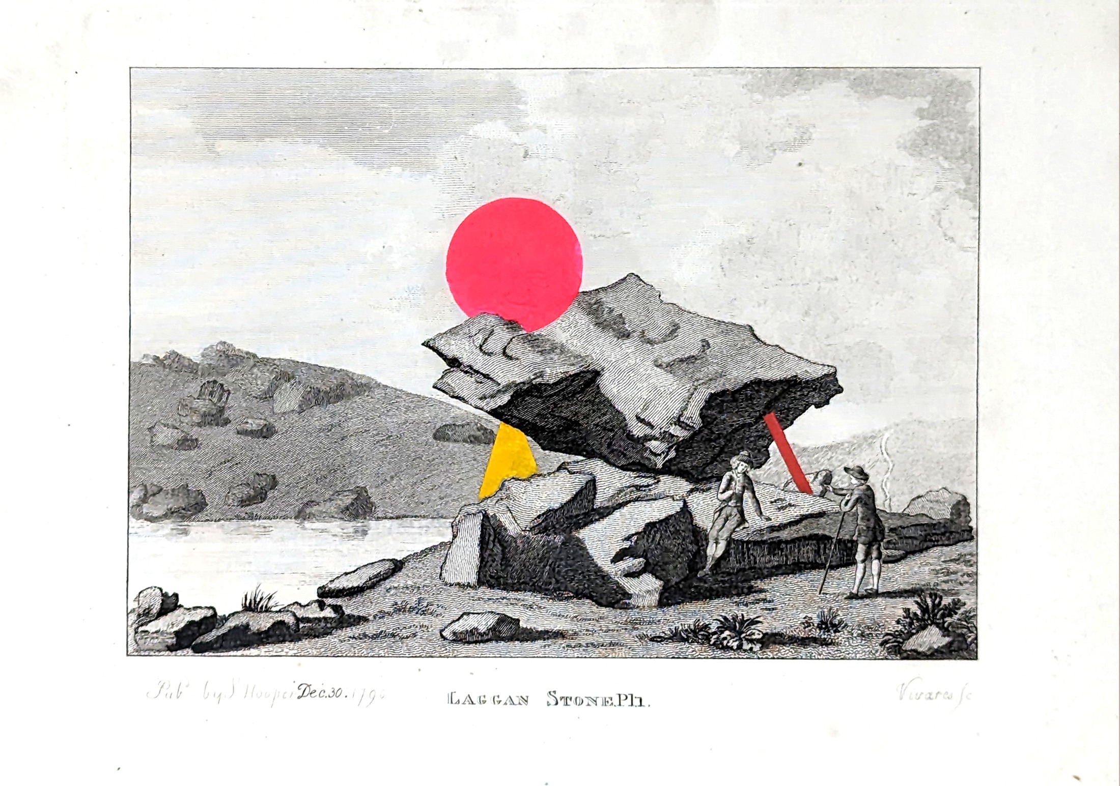 Ritual Litter: Laggan Stone Pl1, with coloured geometric forms painted onto an antique print.