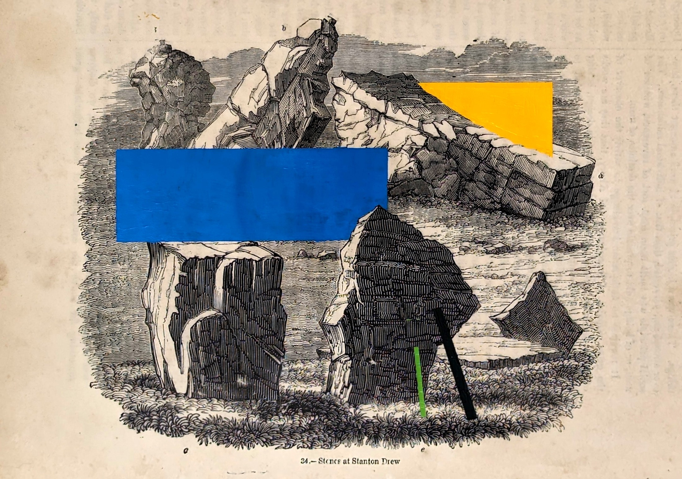 Ritual Litter: 34-Stones at Stanton Drew, with coloured geometric forms painted onto an antique print.